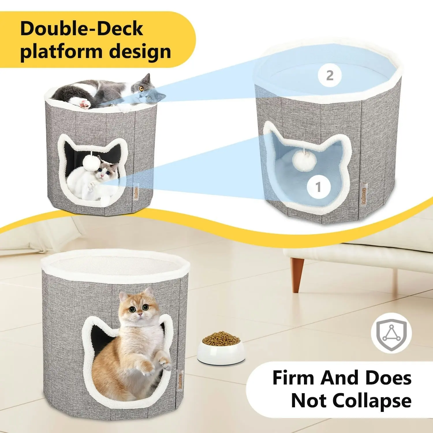 truepal Foldable Cat House Cat Cave Calming Cat Bed for Indoor Cats Washable Cat Condo with Hanging Toy Anti-tip Reinforced Design Suitable for Cats & Kittens