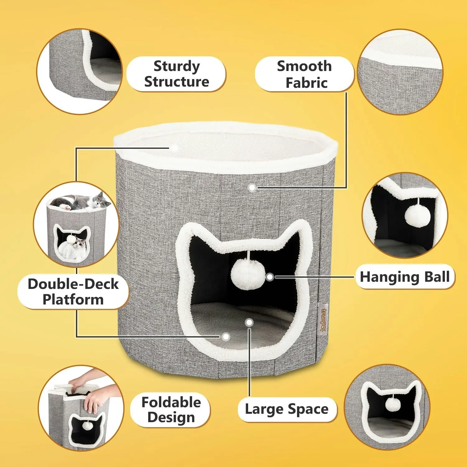 truepal Foldable Cat House Cat Cave Calming Cat Bed for Indoor Cats Washable Cat Condo with Hanging Toy Anti-tip Reinforced Design Suitable for Cats & Kittens