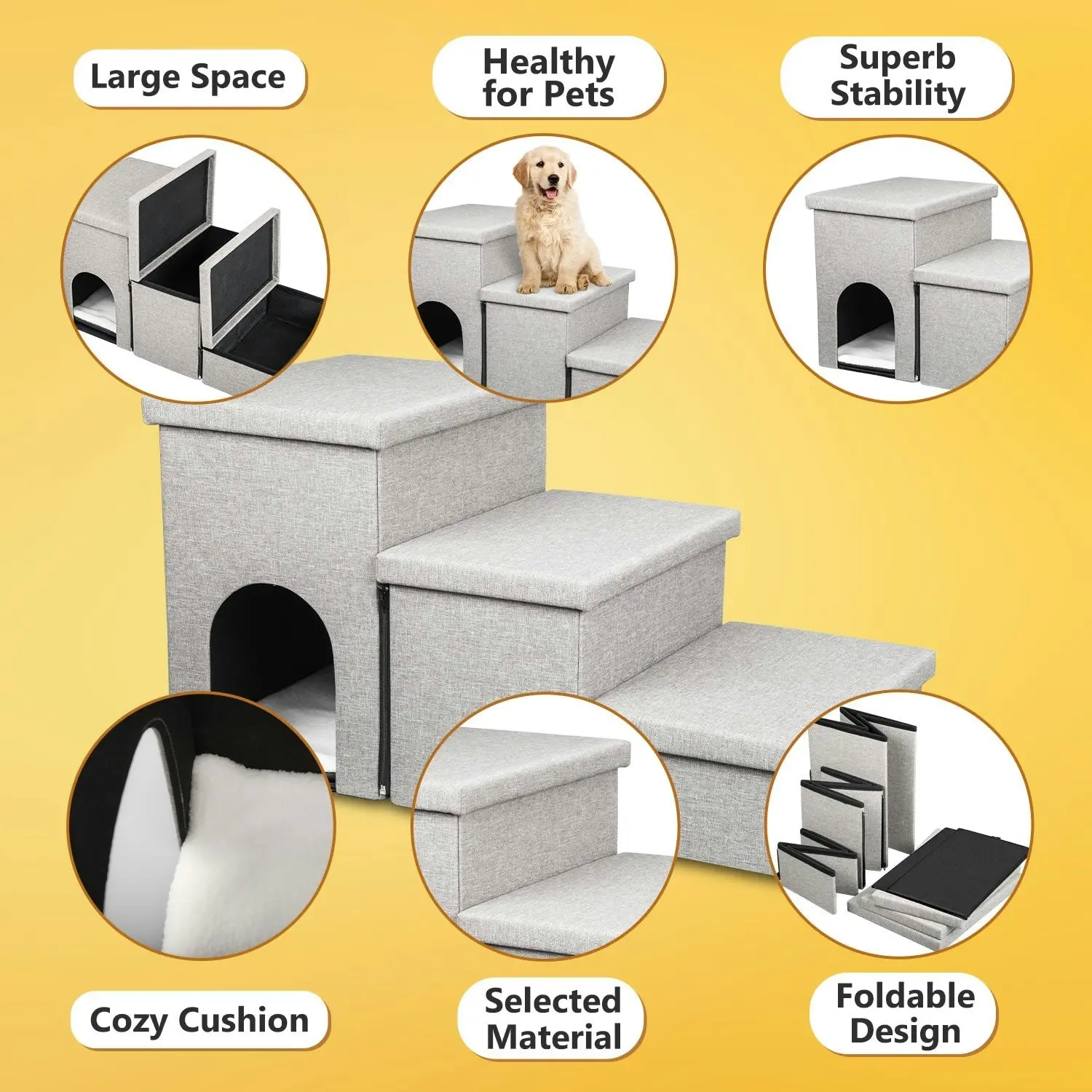 truepal 3 Steps Portable Pet Soft Plush Ladder Dog Cat Stairs Ramp with Storage Box