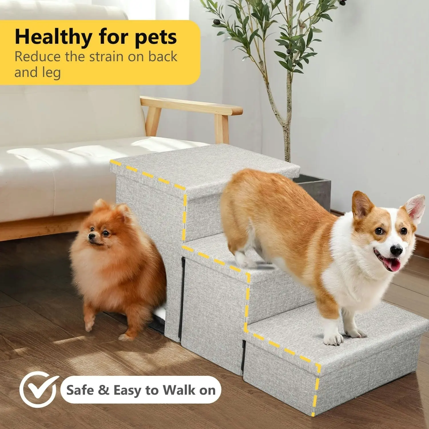 truepal 3 Steps Portable Pet Soft Plush Ladder Dog Cat Stairs Ramp with Storage Box