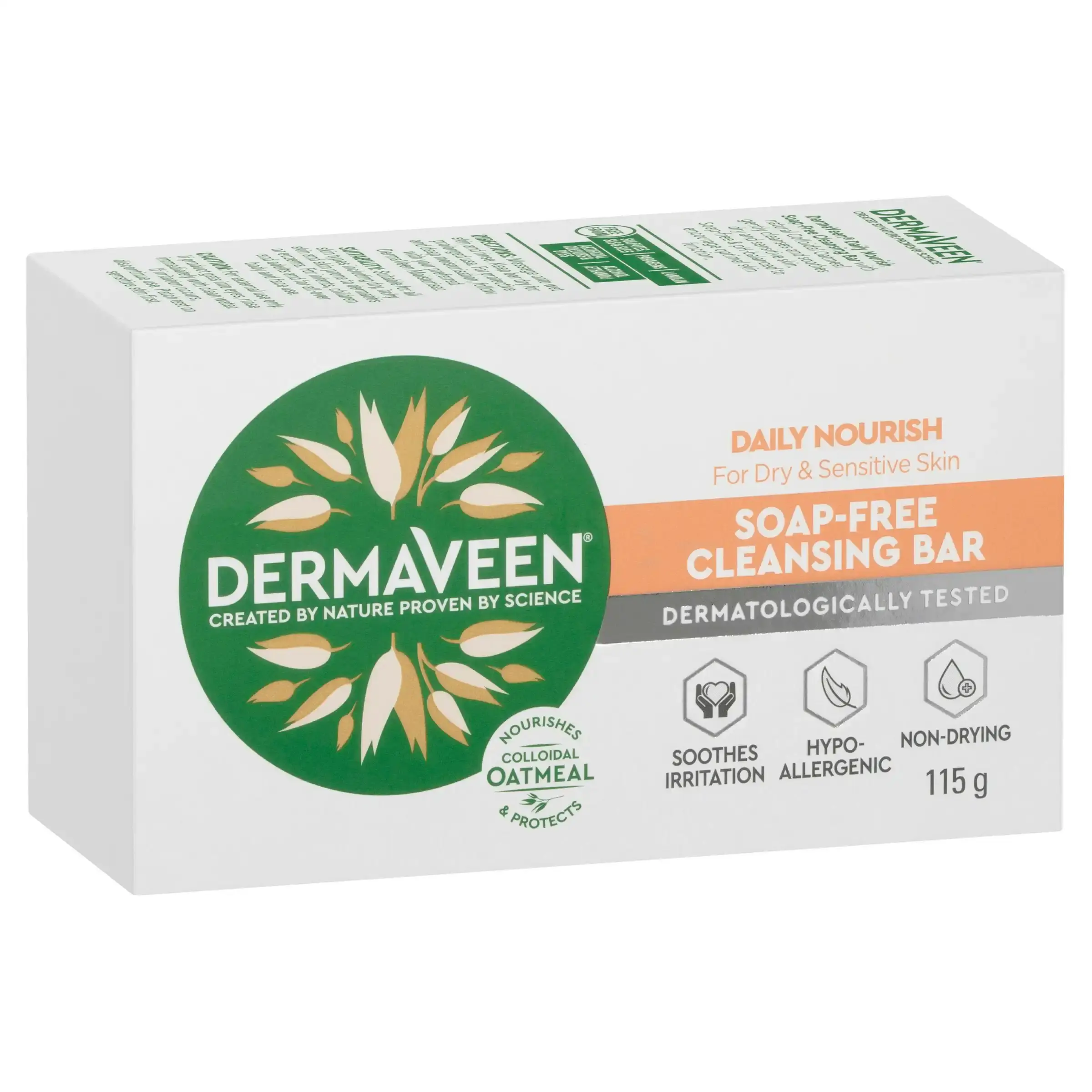 DermaVeen Daily Nourish Soap-Free Cleansing Bar for Dry & Sensitive Skin 115g