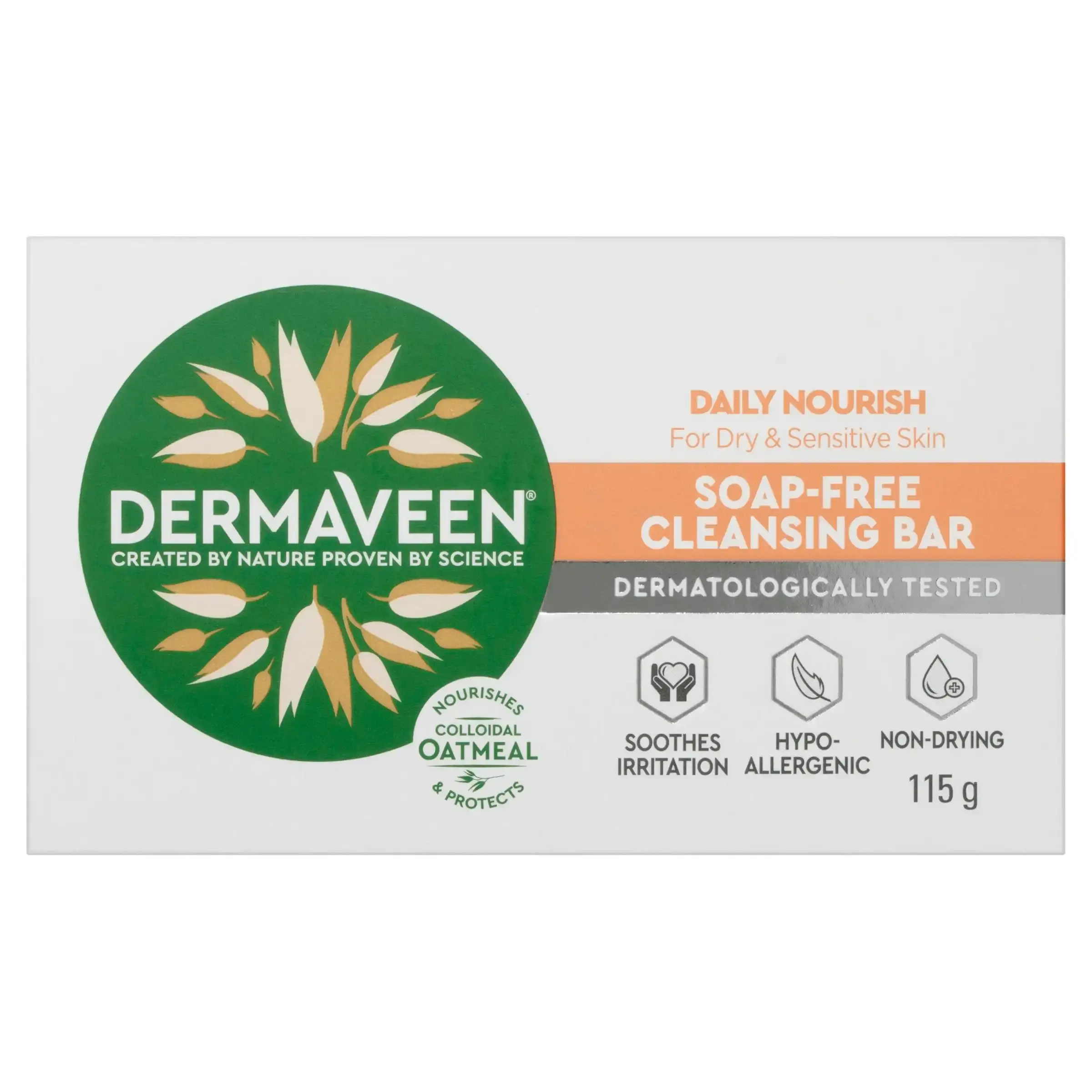 DermaVeen Daily Nourish Soap-Free Cleansing Bar for Dry & Sensitive Skin 115g