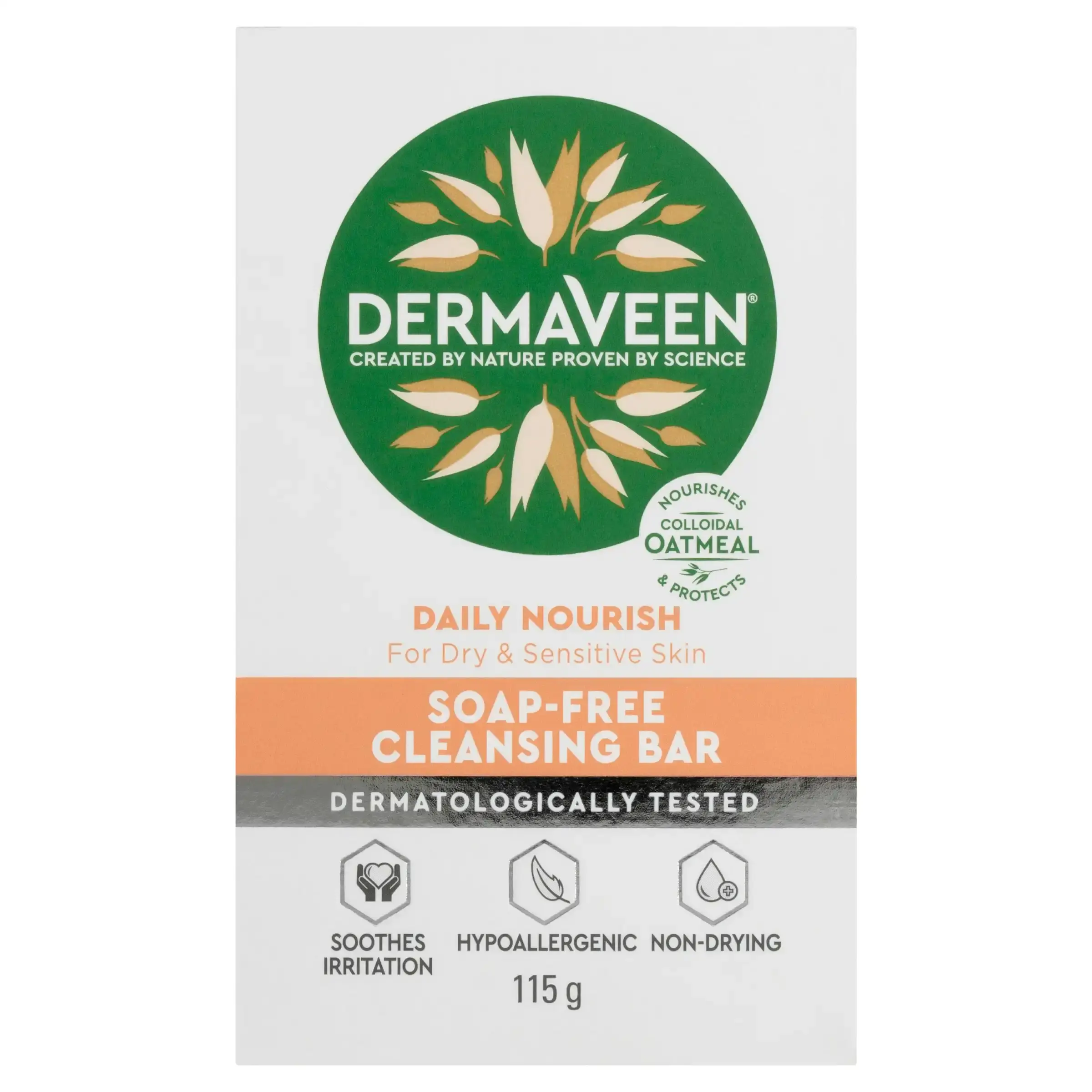 DermaVeen Daily Nourish Soap-Free Cleansing Bar for Dry & Sensitive Skin 115g