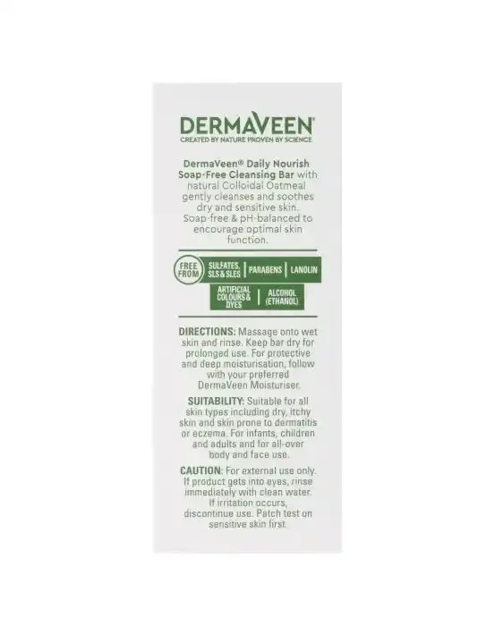 DermaVeen Daily Nourish Soap-Free Cleansing Bar for Dry & Sensitive Skin 115g