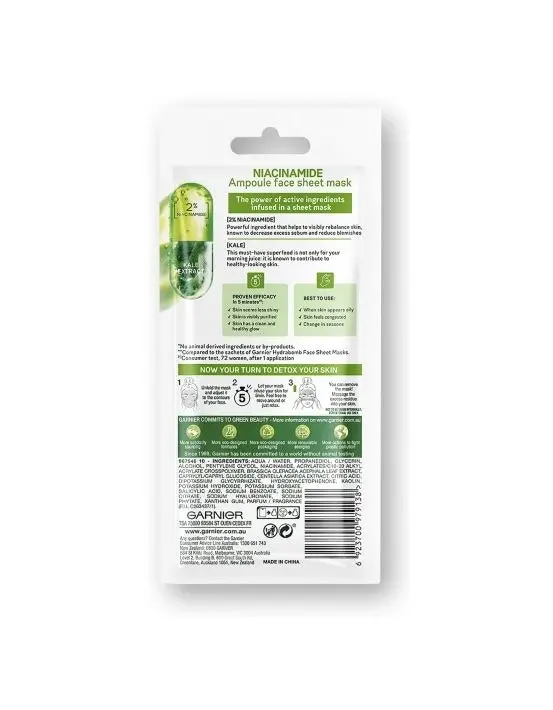 Garnier Niacinamide Detox Ampoule Face Sheet Mask Kale Extract 15g