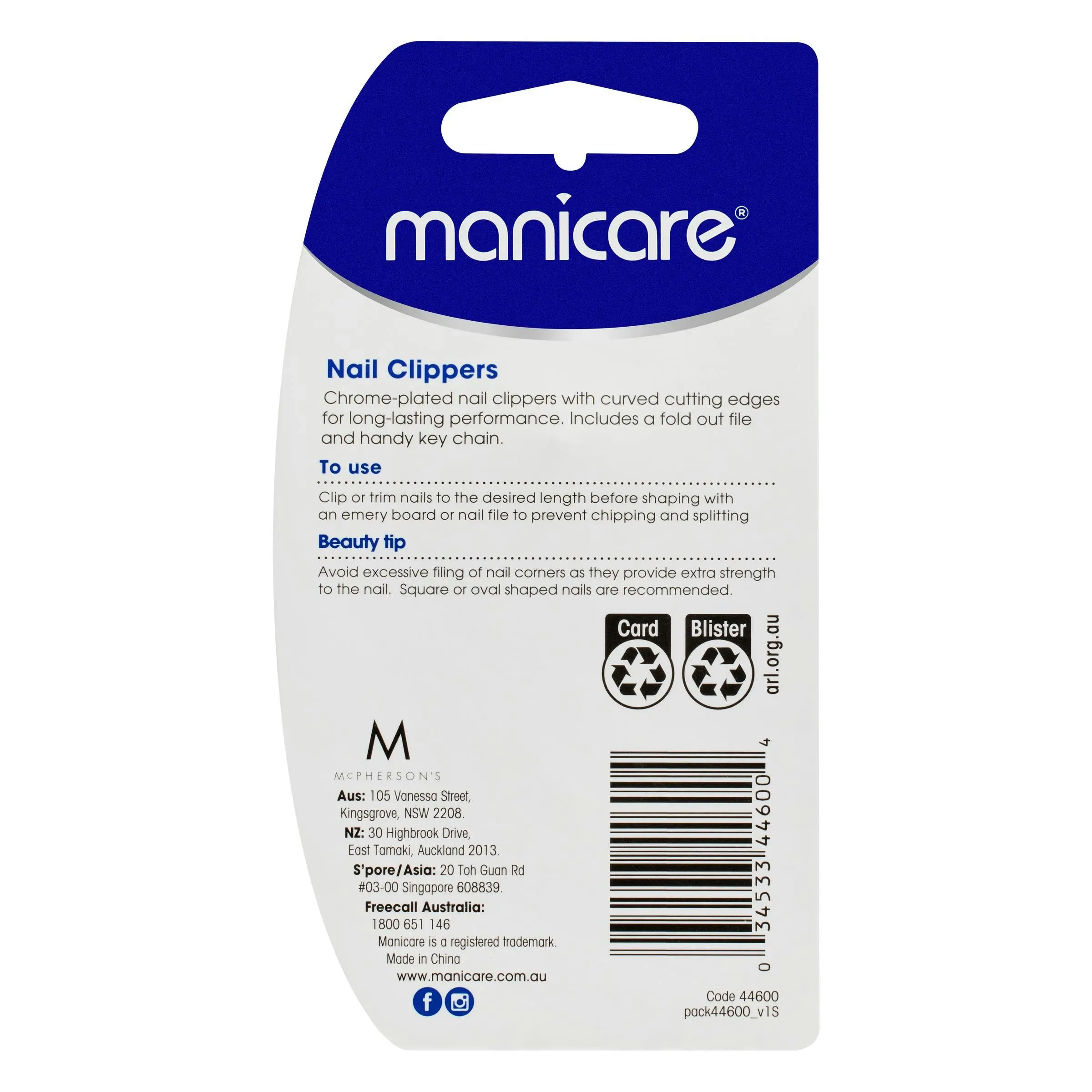 Manicare Nail Clippers With Nail File and Key Chain 