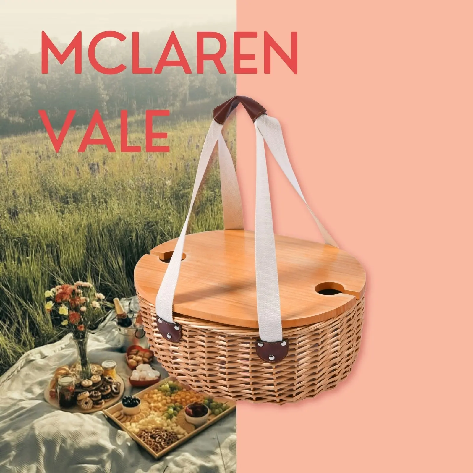 Vibes McLaren Vale 2 Person Oval Insulated Wicker Basket with Folding Table  Natural & Cream