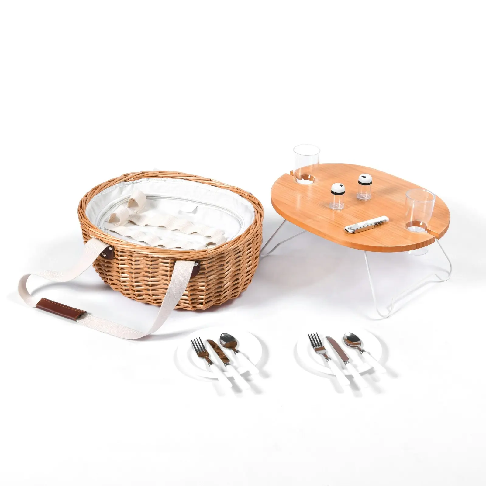 Vibes McLaren Vale 2 Person Oval Insulated Wicker Basket with Folding Table  Natural & Cream