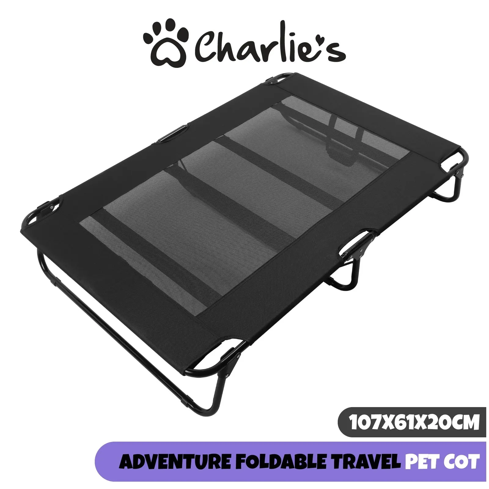 Charlie's Adventure Foldable Travel Trampoline Dog Bed 107x61x20cm Large Black