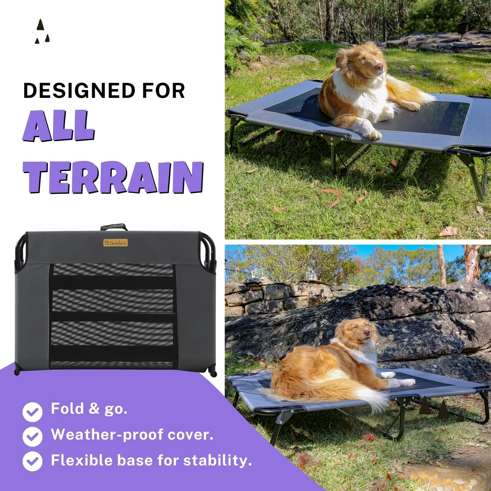 Charlie's Adventure Foldable Travel Trampoline Dog Bed 107x61x20cm Large Grey