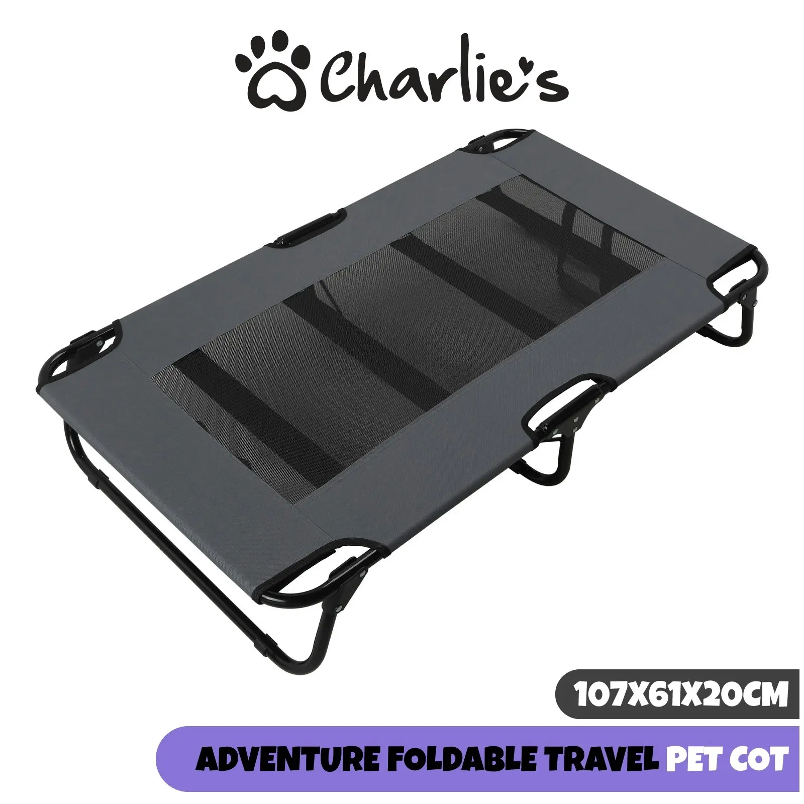 Charlie's Adventure Foldable Travel Trampoline Dog Bed 107x61x20cm Large Grey