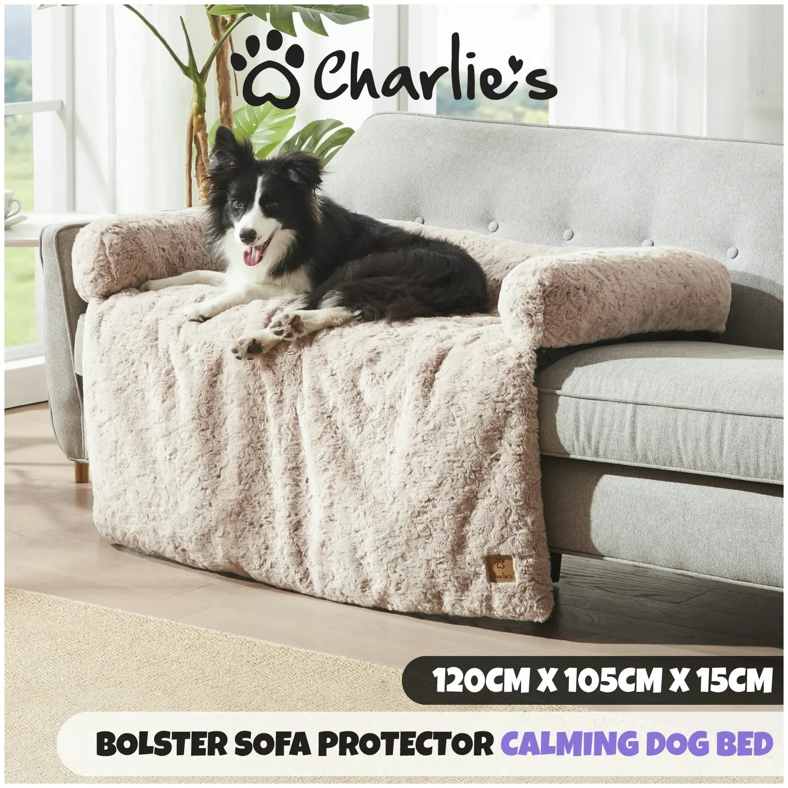 Charlie's VIP Lush Faux Fur Bolster Sofa Protector Calming Dog Bed Natural XX-Large