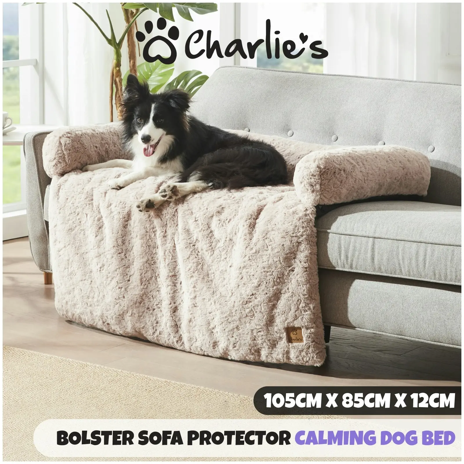 Charlie's VIP Lush Faux Fur Bolster Sofa Protector Calming Dog Bed Natural Large