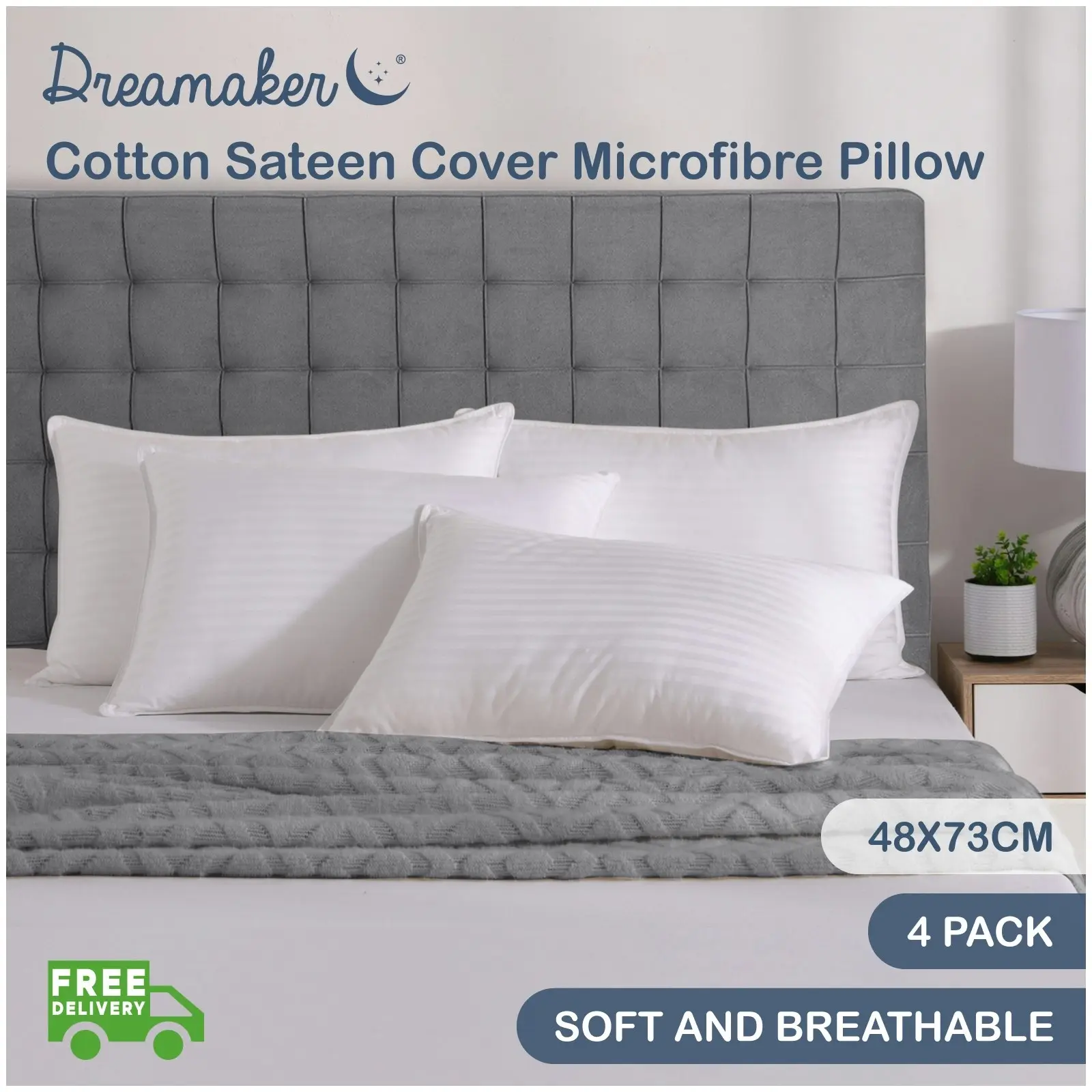 Dreamaker Cotton Sateen Cover Microfibre Pillow Standard 4 Pack