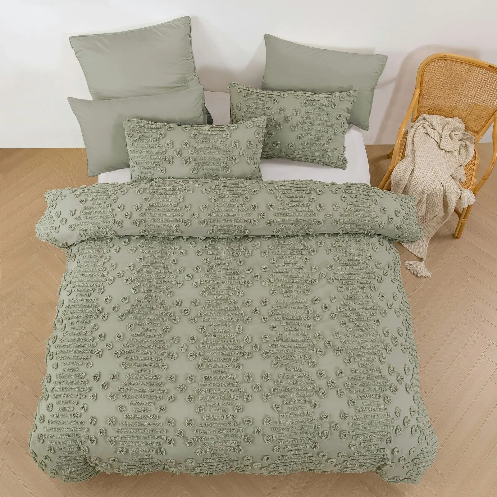 Dreamaker Fletcher Ultrafine Tufted Chenille Quilt Cover Set Sage King Single Bed