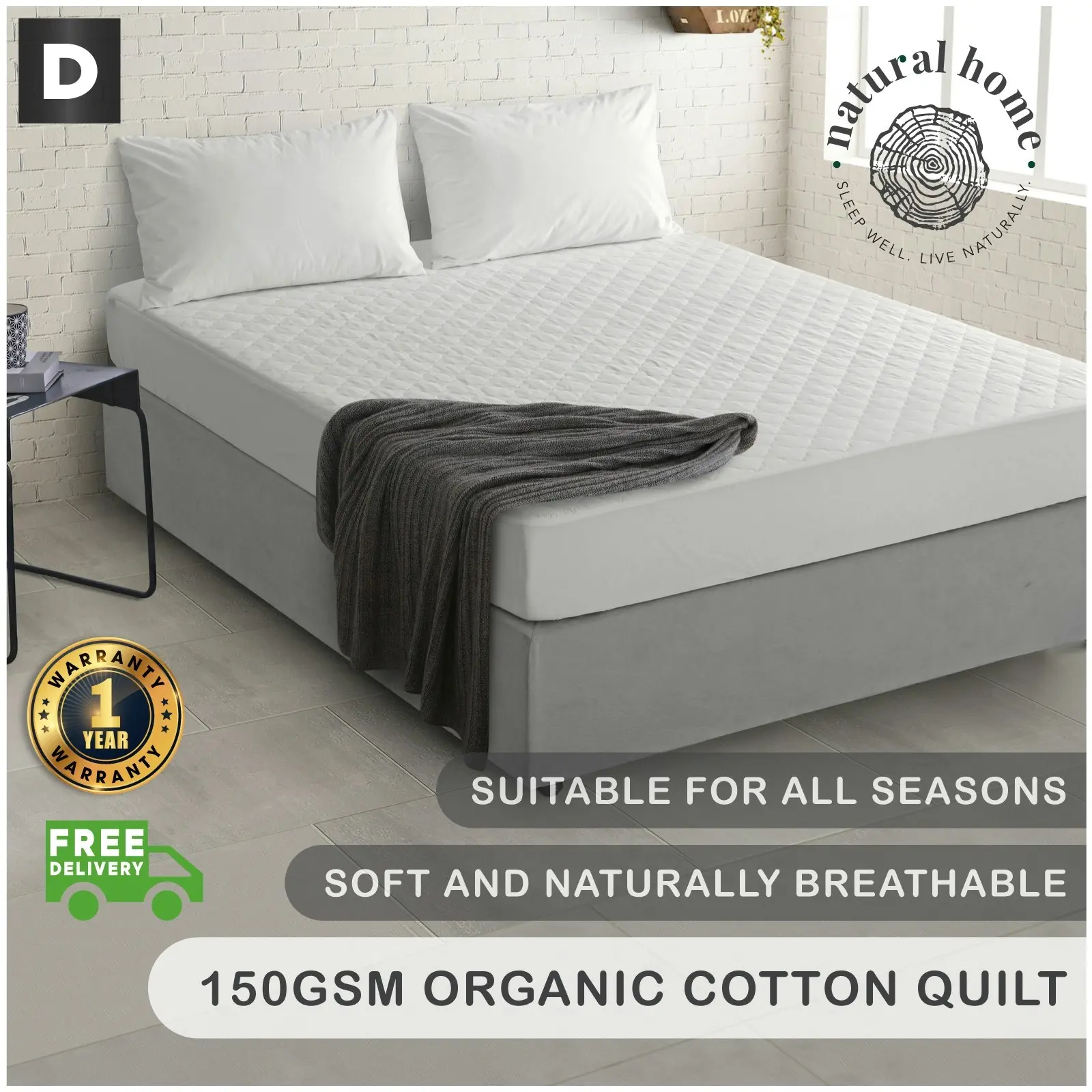 Natural Home Organic Cotton Quilted Mattress Protector White Single Bed