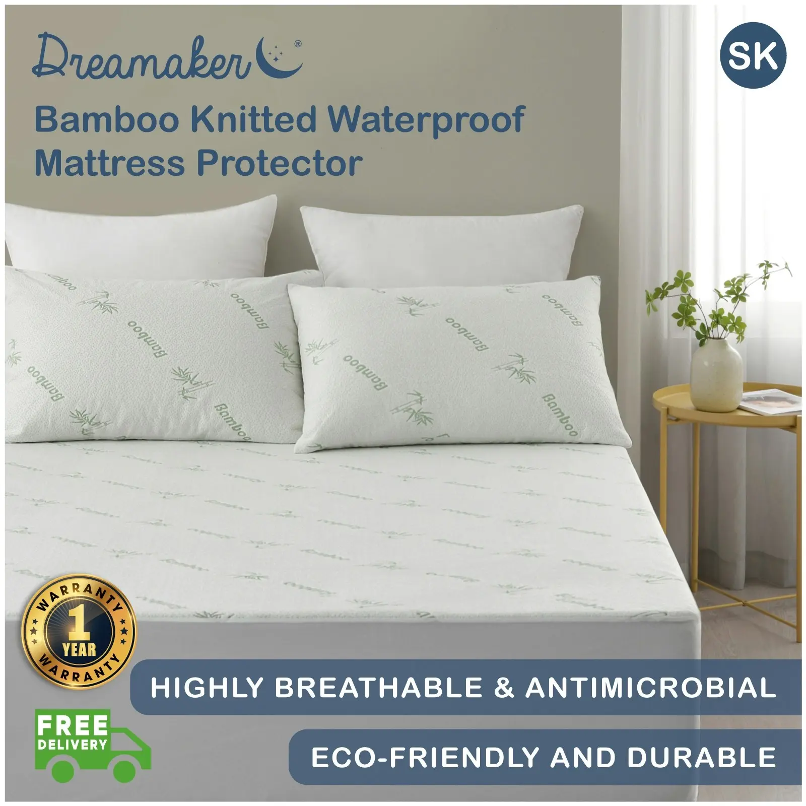 Dreamaker Bamboo Knitted Waterproof Mattress Protector Super King Bed