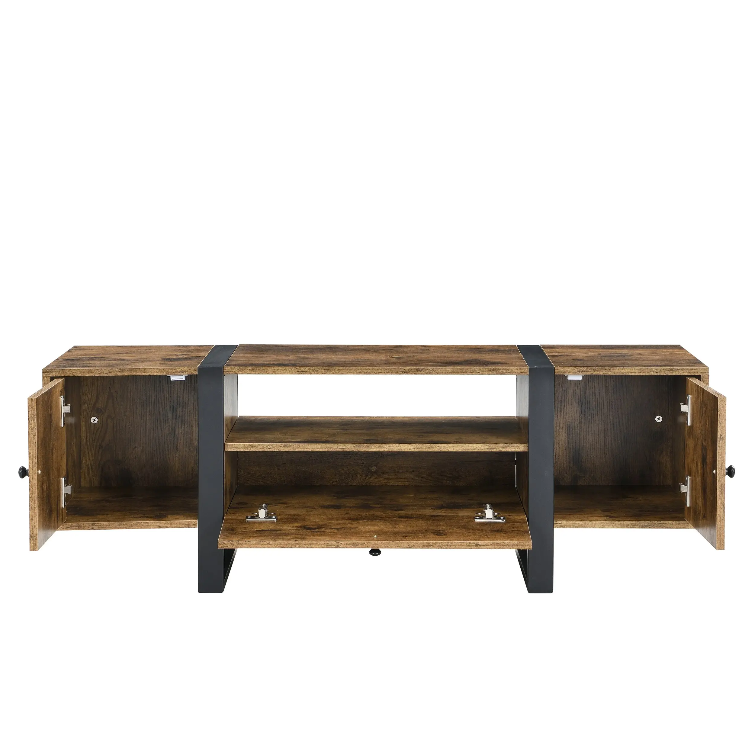 IHOMDEC Industrial Metal & Wood TV Cabinet TV Stand with Cabinets and Open Shelf Rustic Dark Brown