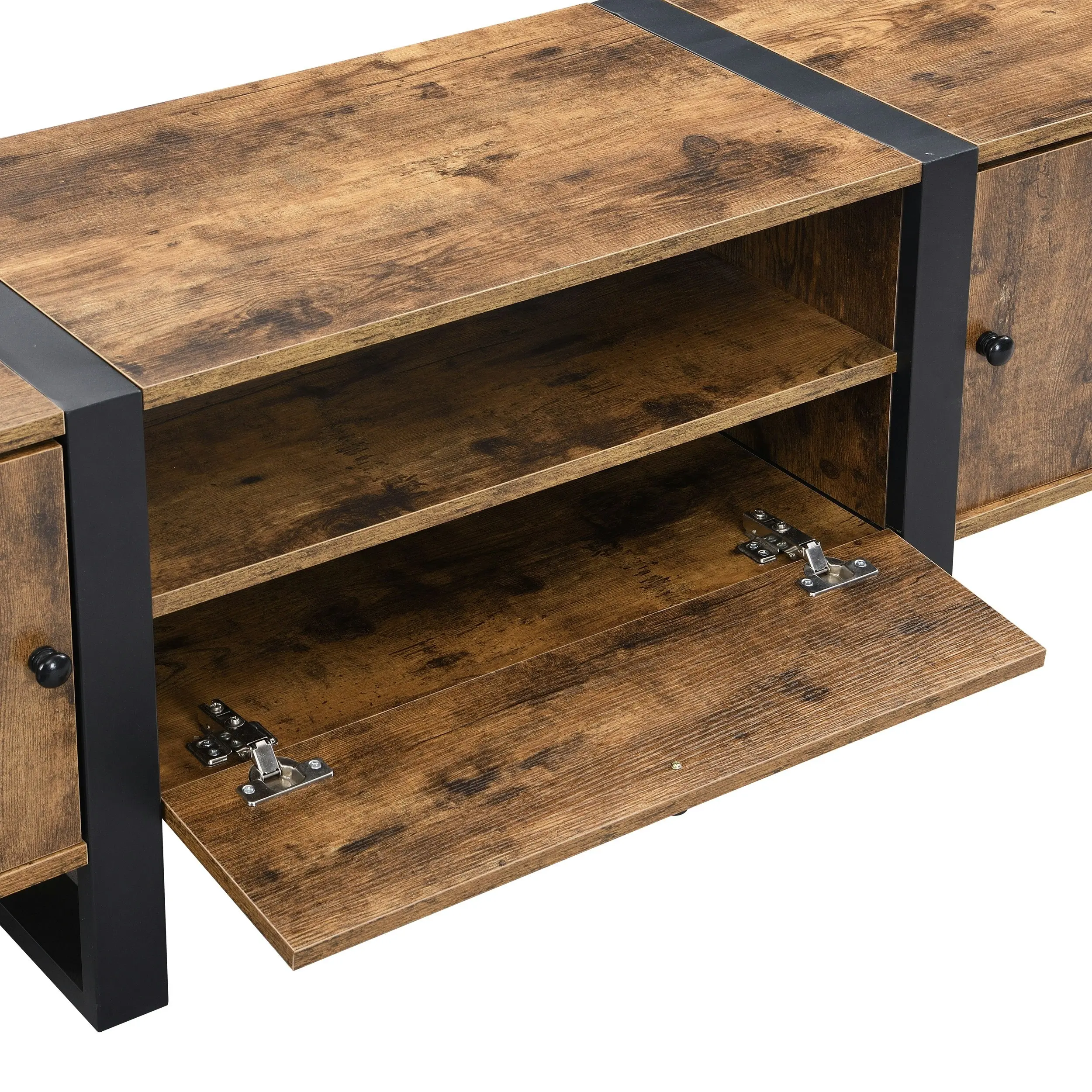 IHOMDEC Industrial Metal & Wood TV Cabinet TV Stand with Cabinets and Open Shelf Rustic Dark Brown