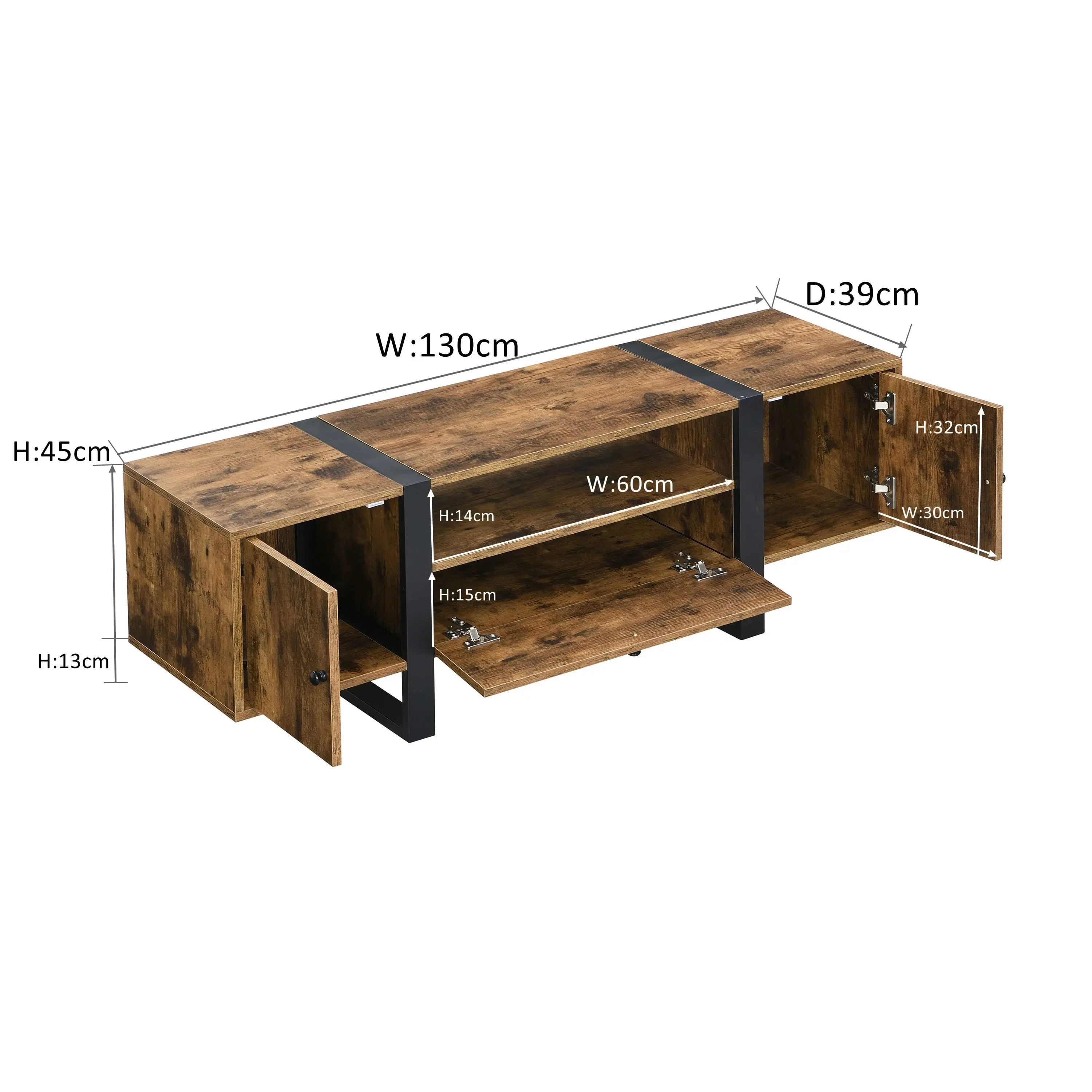 IHOMDEC Industrial Metal & Wood TV Cabinet TV Stand with Cabinets and Open Shelf Rustic Dark Brown