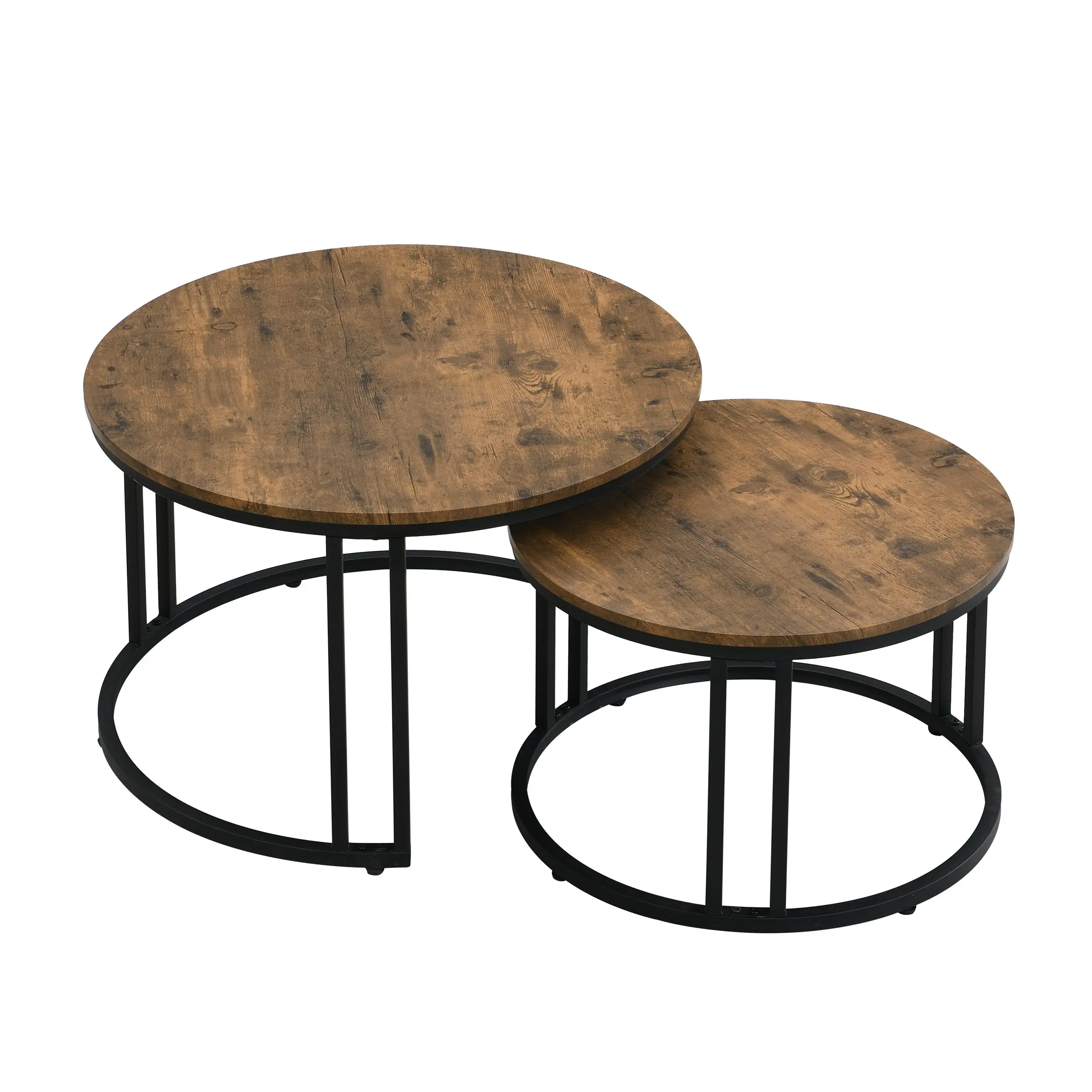 IHOMDEC Industrial Round Metal and Wooden Nesting Coffee table Rustic Dark Brown