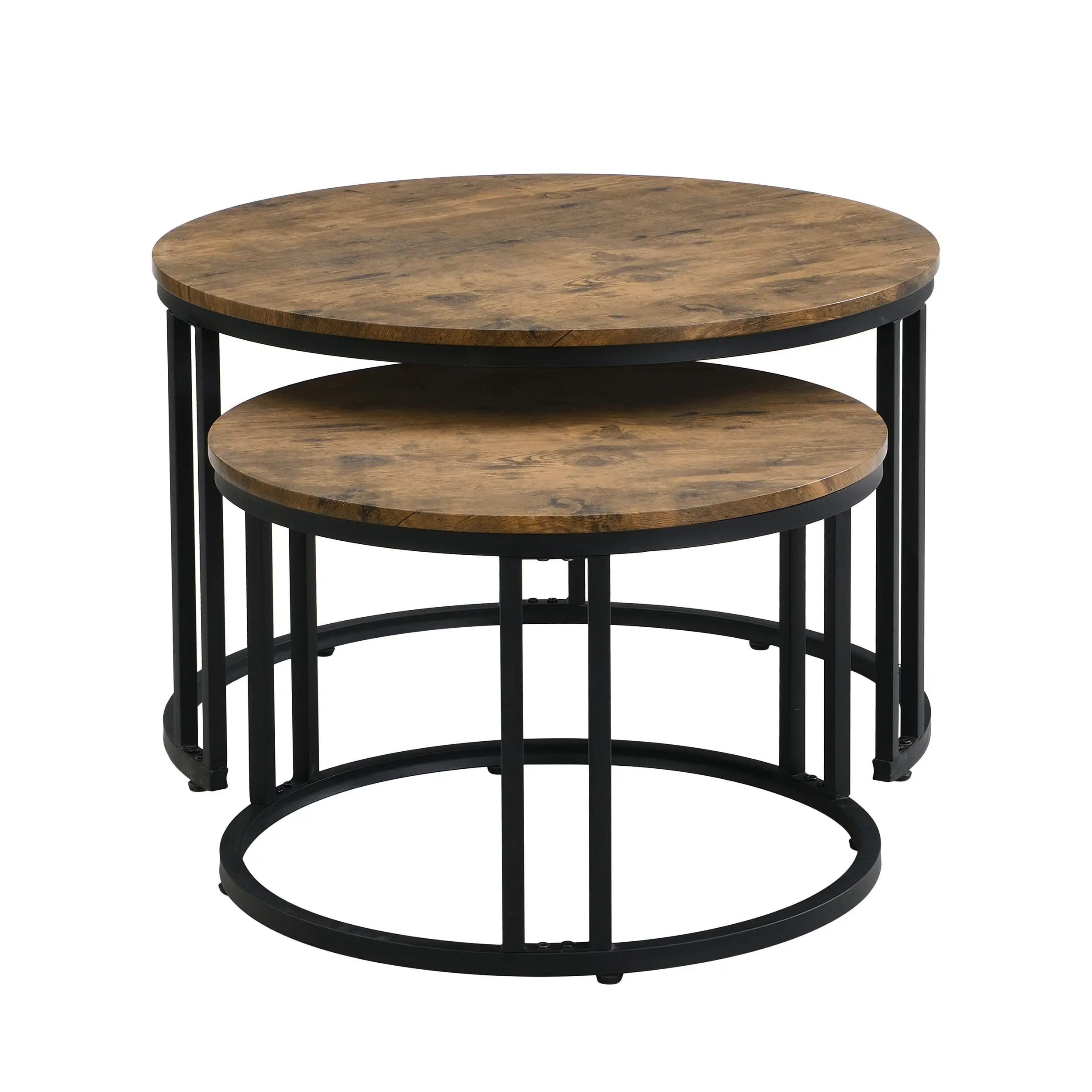 IHOMDEC Industrial Round Metal and Wooden Nesting Coffee table Rustic Dark Brown