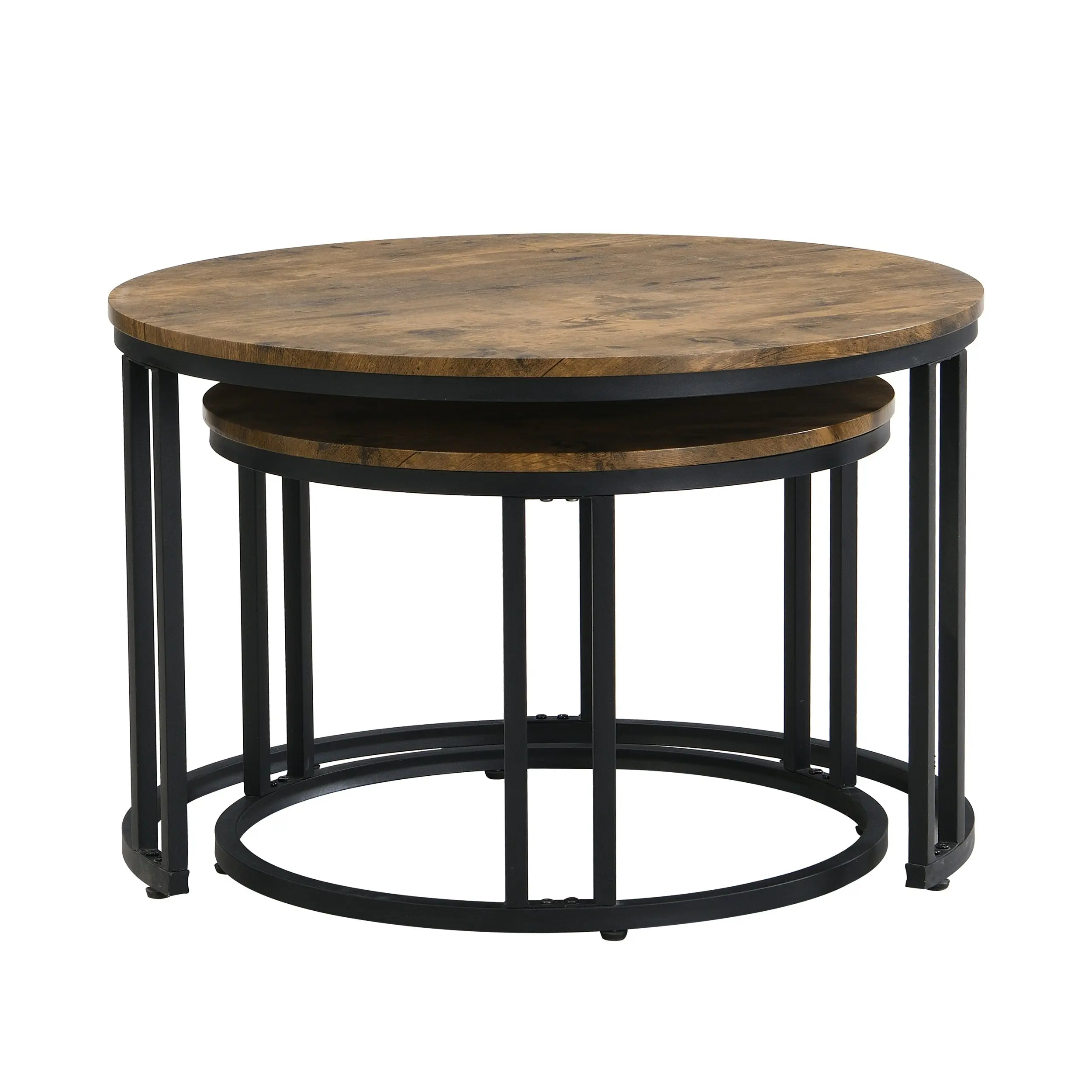 IHOMDEC Industrial Round Metal and Wooden Nesting Coffee table Rustic Dark Brown