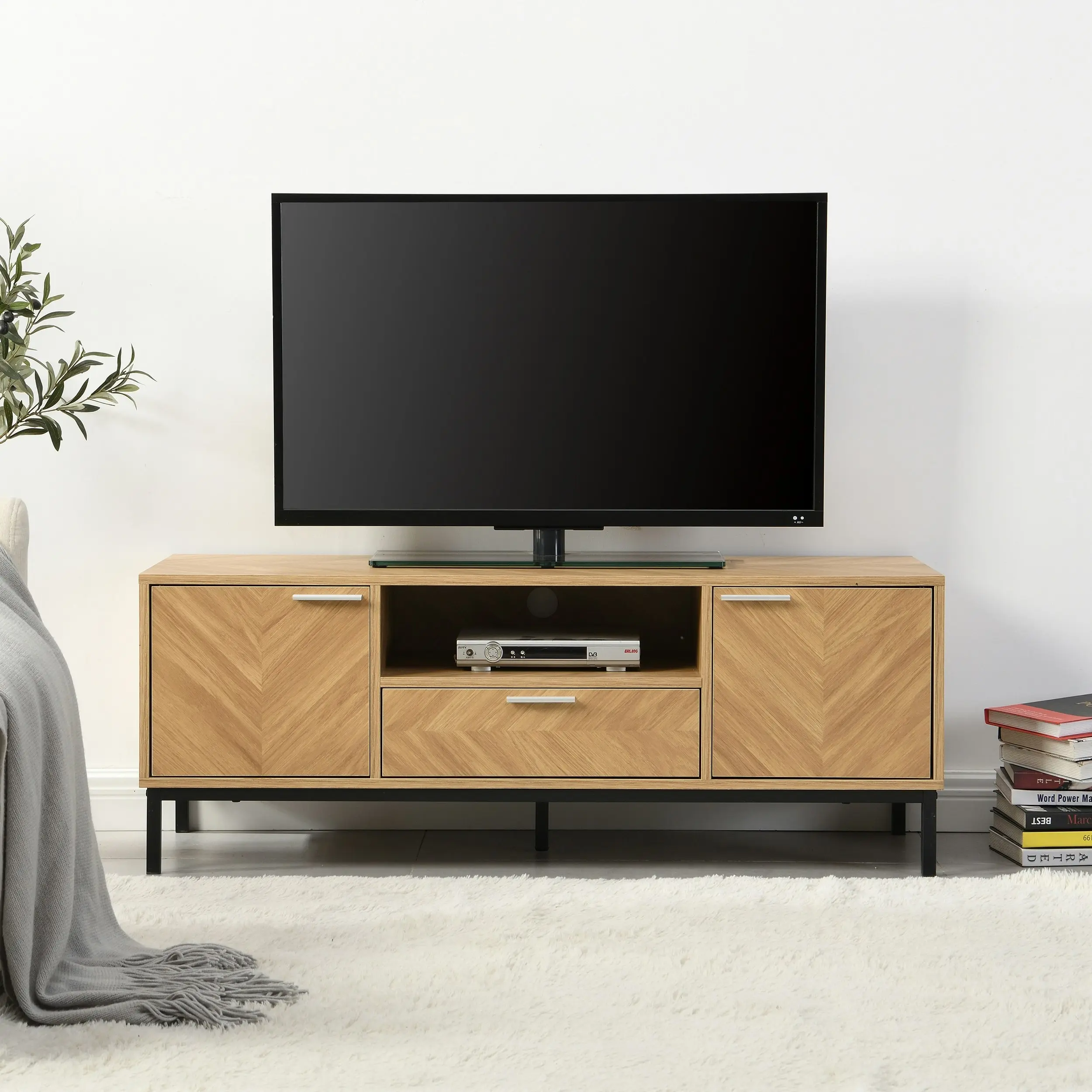 IHOMDEC Entertainment Unit TV Cabinet TV Stand Storage with Open Shelf and Two Cabinets Oak