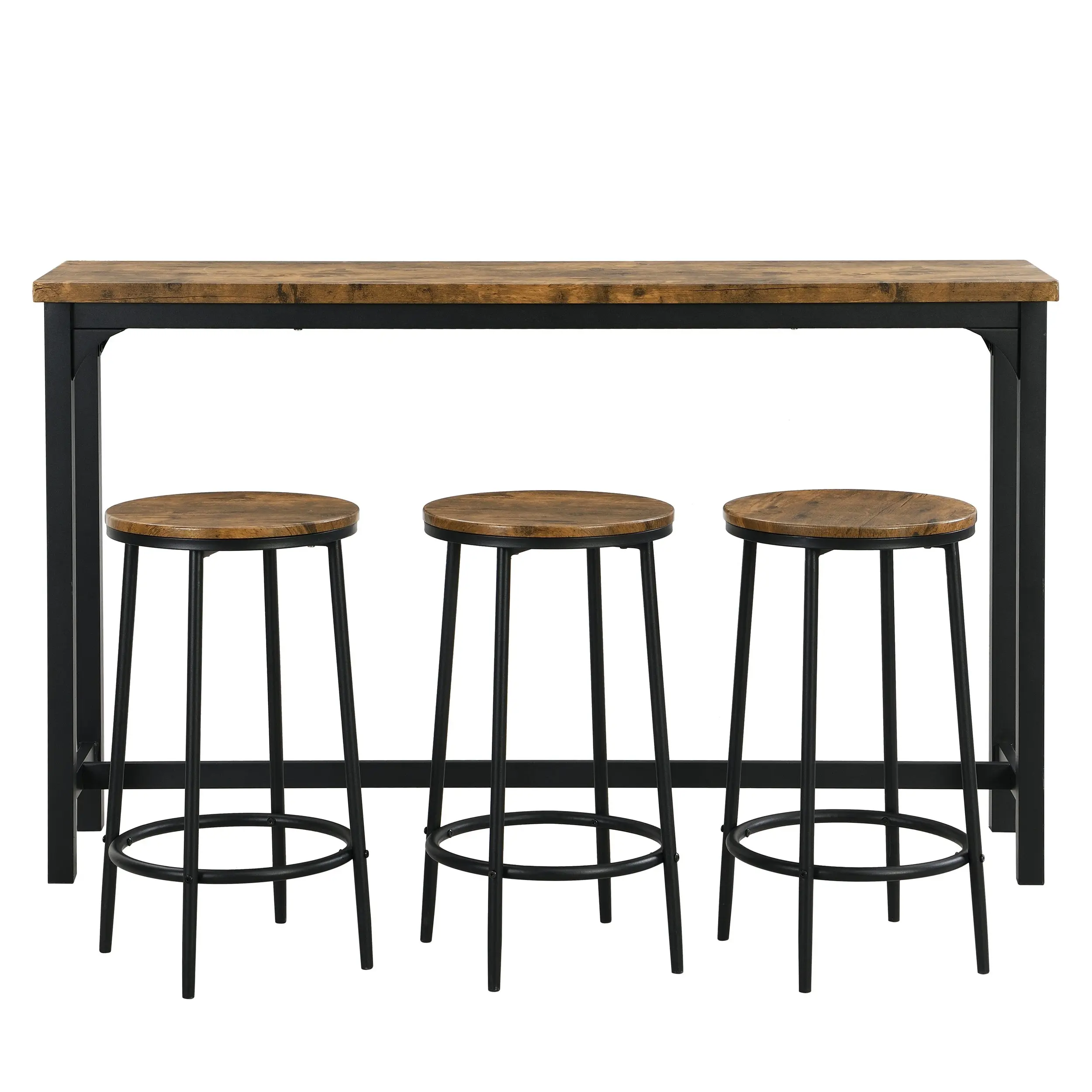 IHOMDEC Industrial 4-Piece Metal & MDF Console Table Set with 3 Stools Rustic Dark Brown