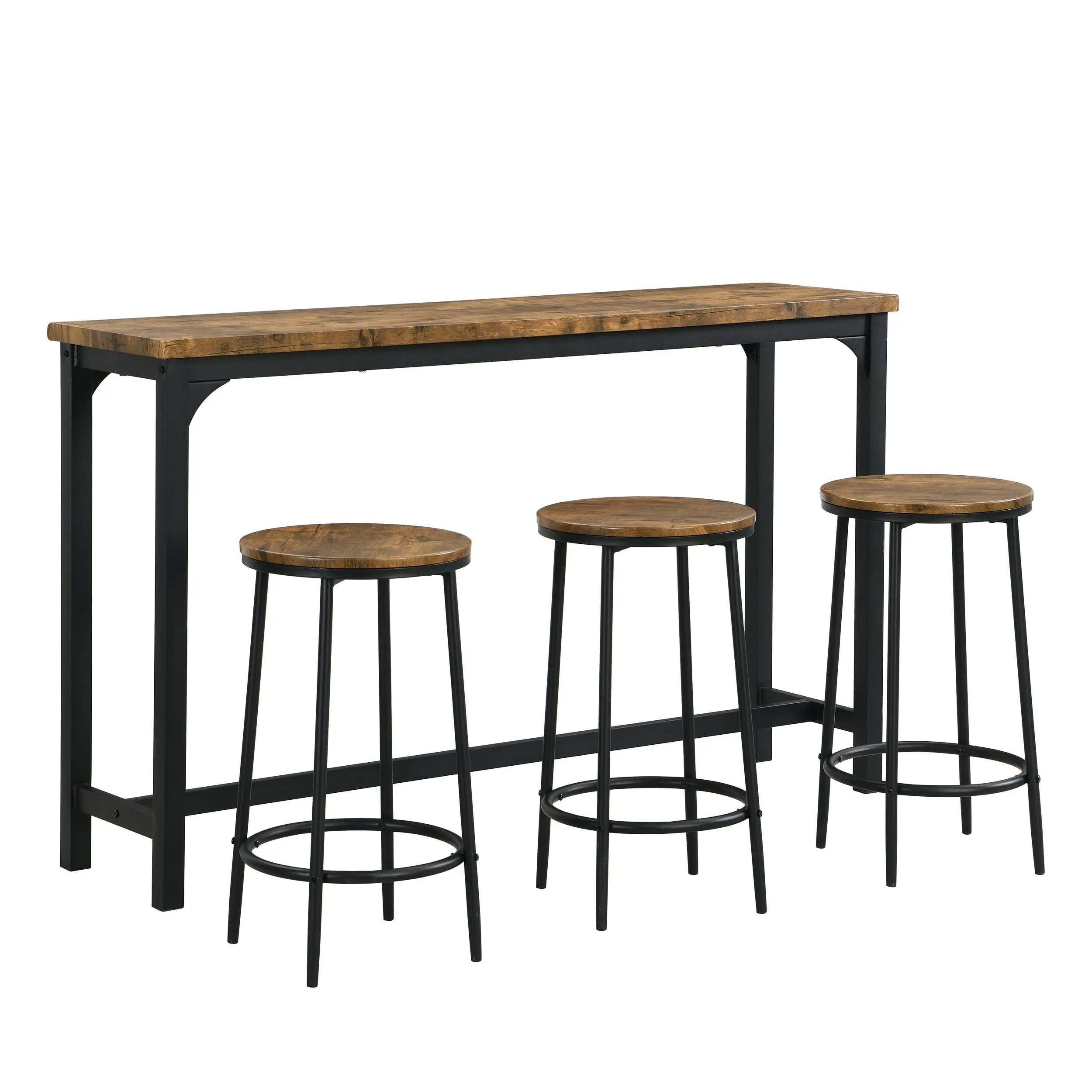 IHOMDEC Industrial 4-Piece Metal & MDF Console Table Set with 3 Stools Rustic Dark Brown