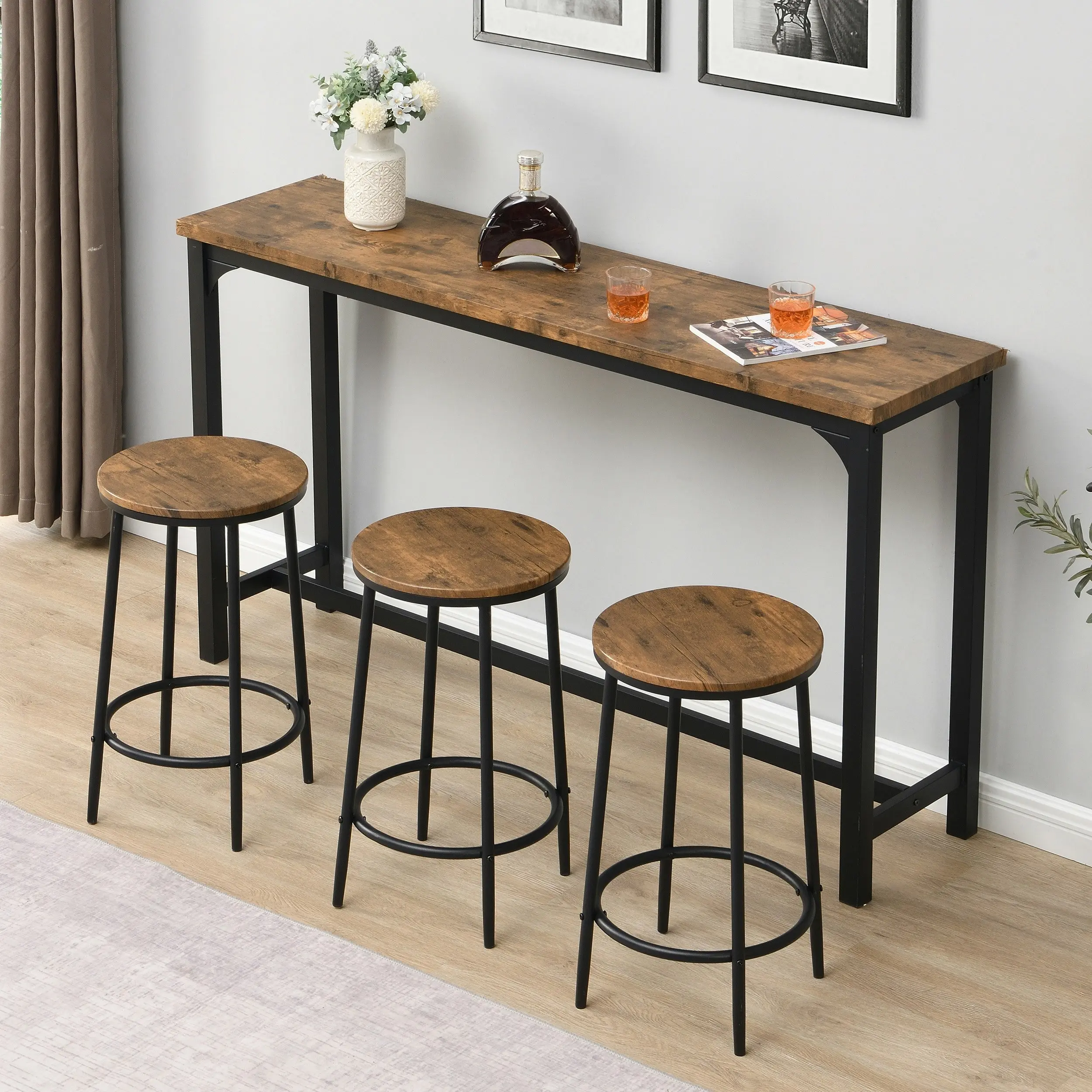 IHOMDEC Industrial 4-Piece Metal & MDF Console Table Set with 3 Stools Rustic Dark Brown