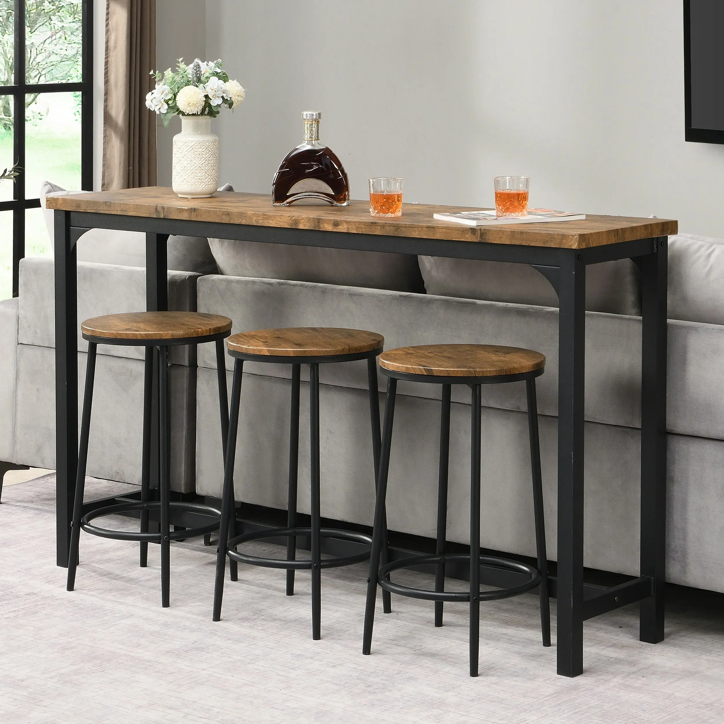 IHOMDEC Industrial 4-Piece Metal & MDF Console Table Set with 3 Stools Rustic Dark Brown