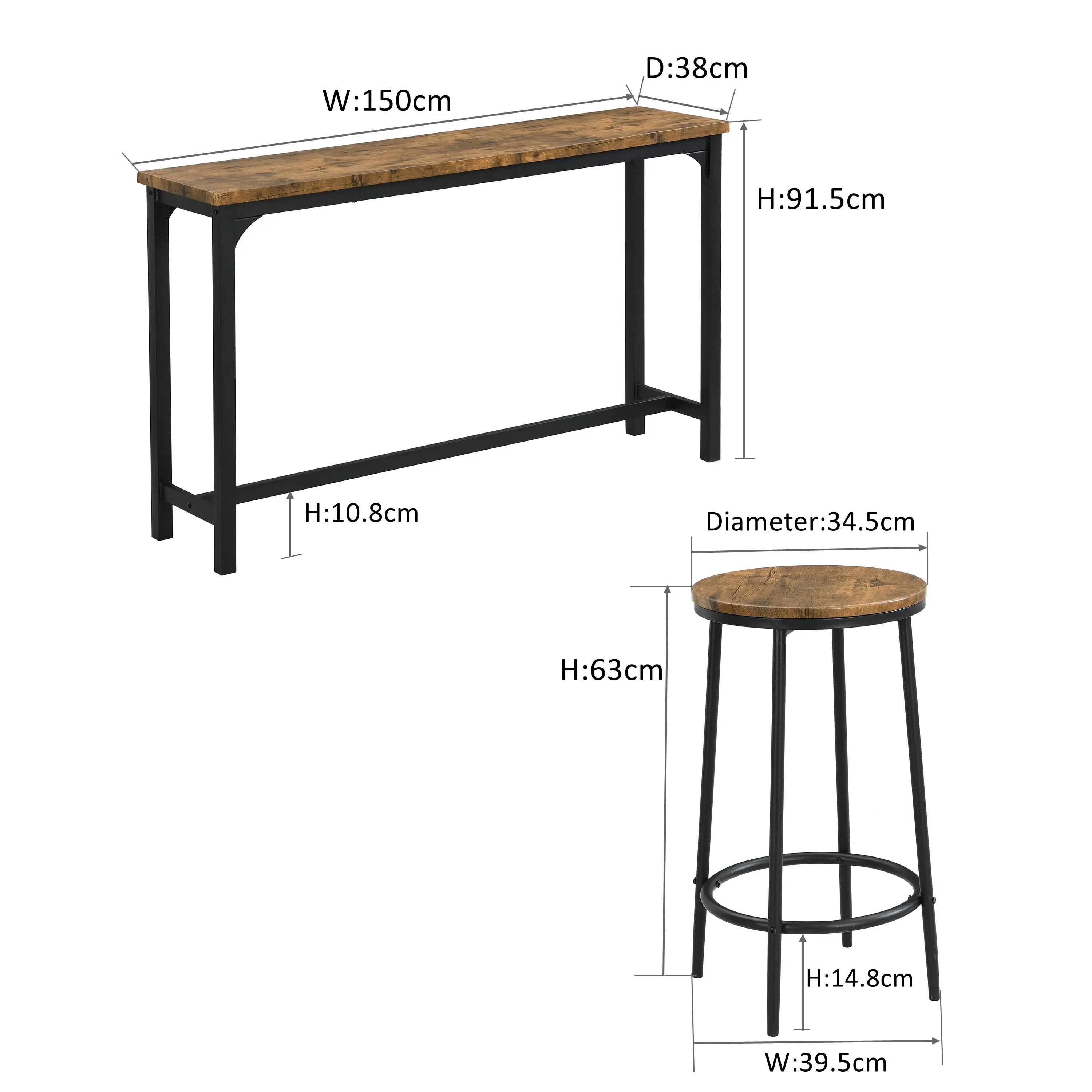 IHOMDEC Industrial 4-Piece Metal & MDF Console Table Set with 3 Stools Rustic Dark Brown