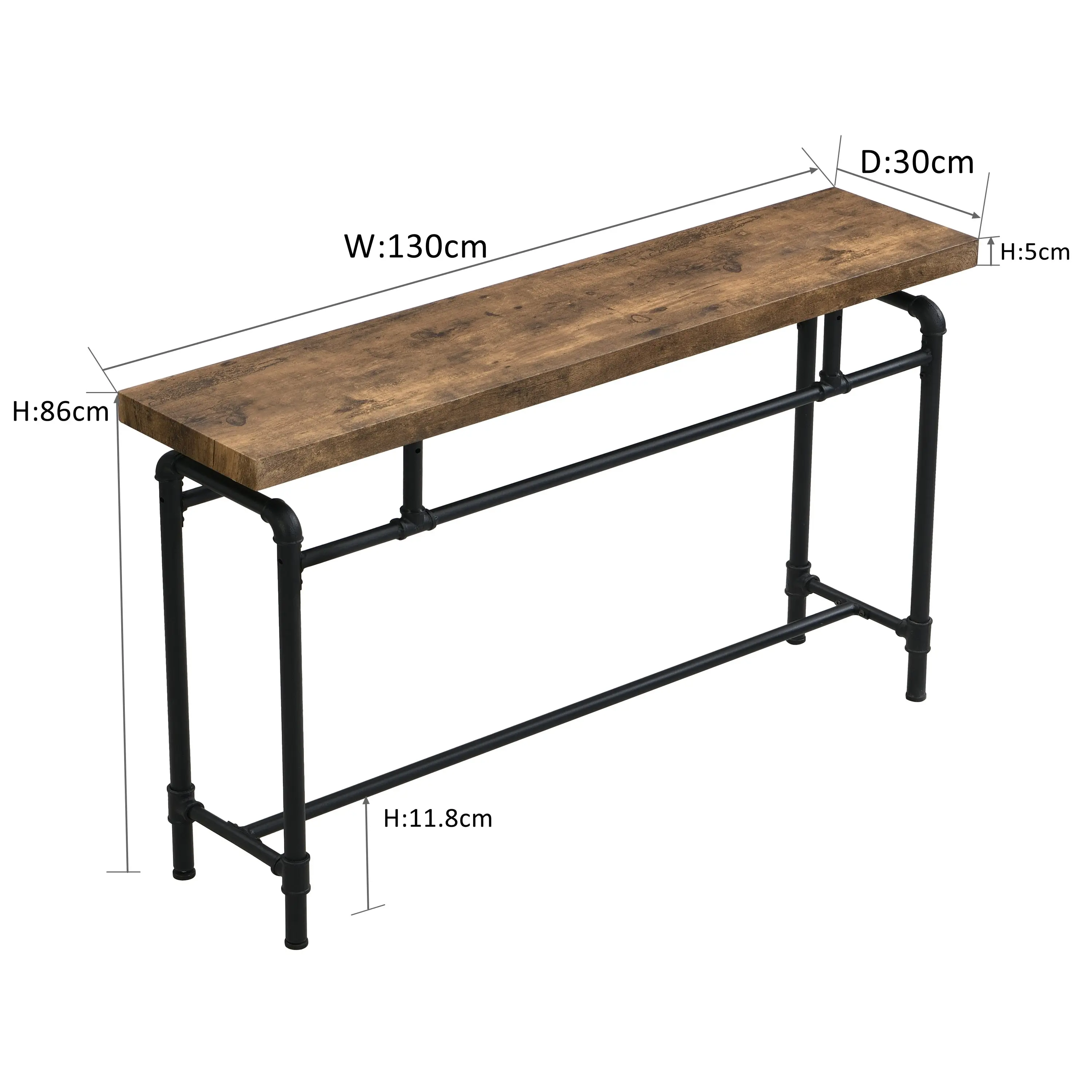 IHOMDEC Industrial Metal Tube & Wood Console Sofa Table 130cm Width Rustic Dark Brown