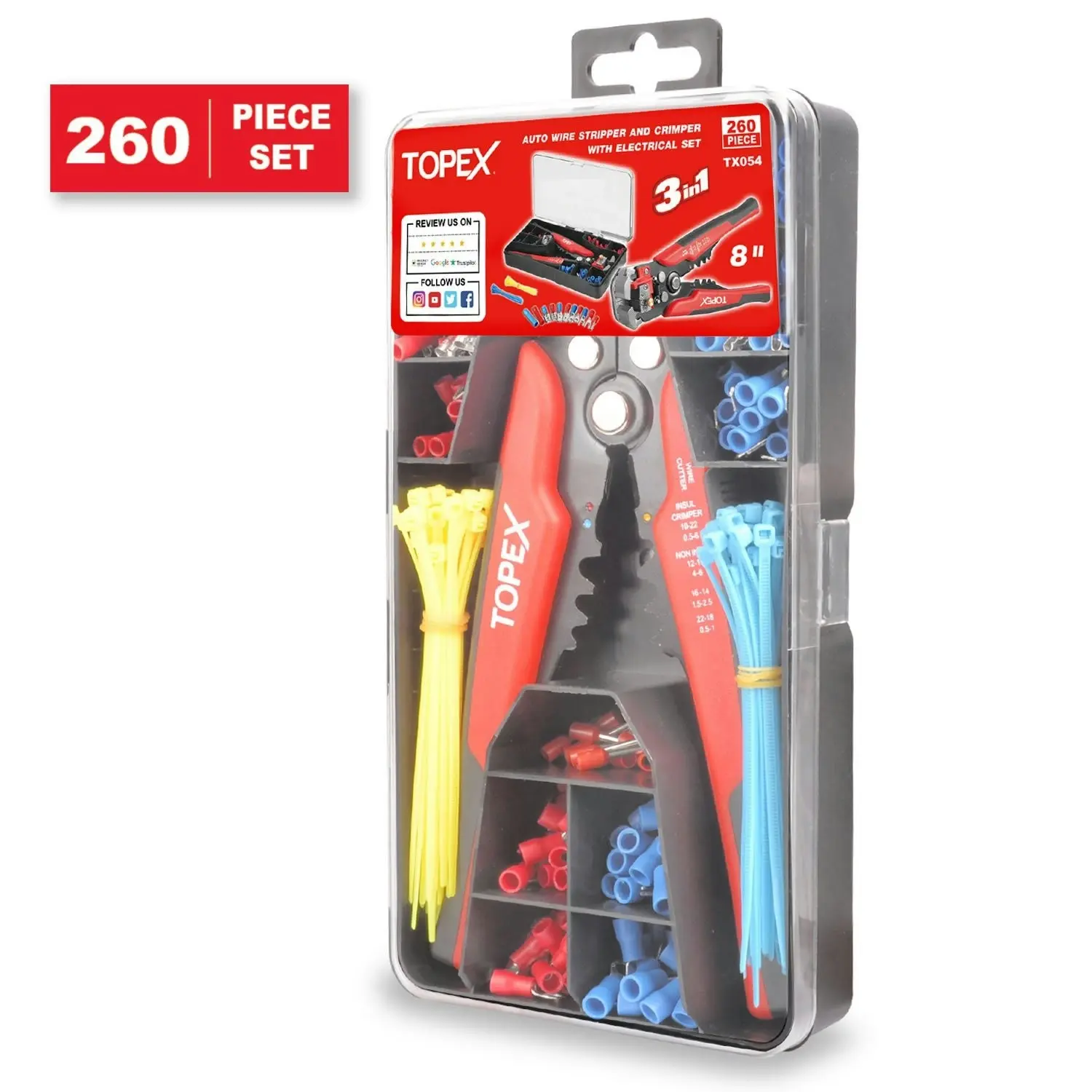 Topex 260-Piece Wire Stripper Self-Adjustable Crimper Plier Set Terminals Tools