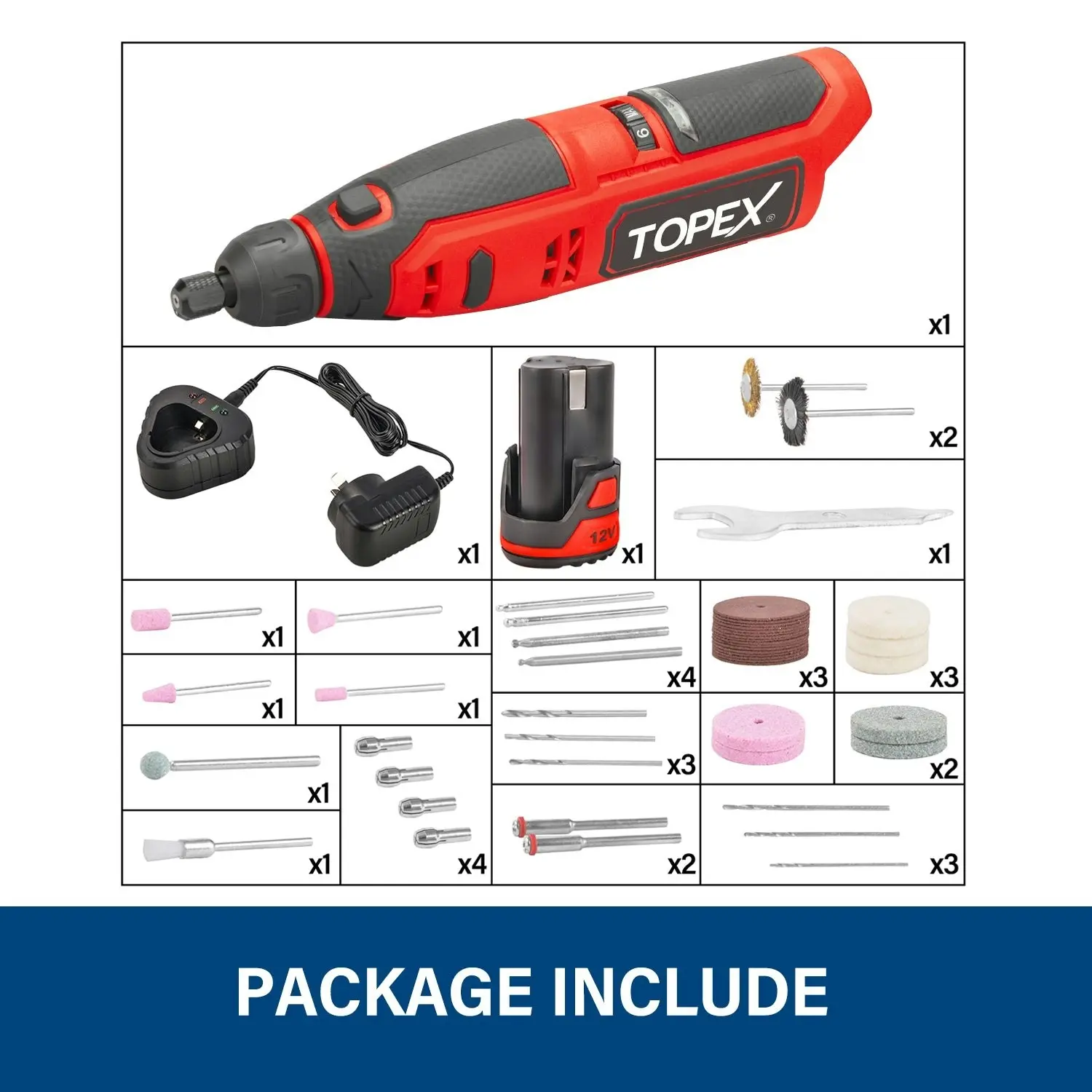 Topex 12V Cordless Rotary Tool Speed 5000-25000rpm With 12V 2.0Ah Lithium-Ion Battery&14.4V /0.4A charger