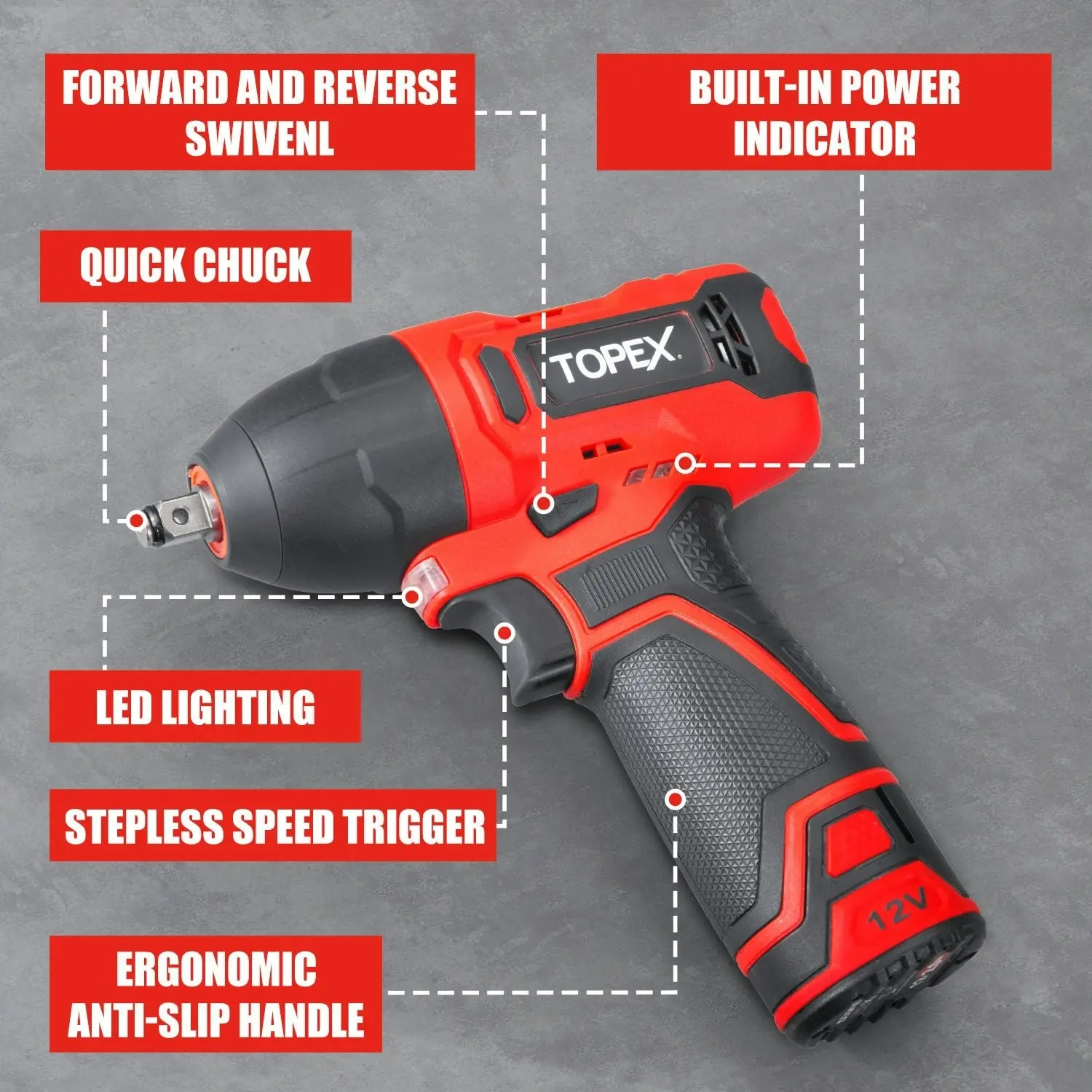 Topex 12V Cordless Impact Wrench with 3/8-Inch Chuck, Torque Max 120 N.m, 6 Sockets