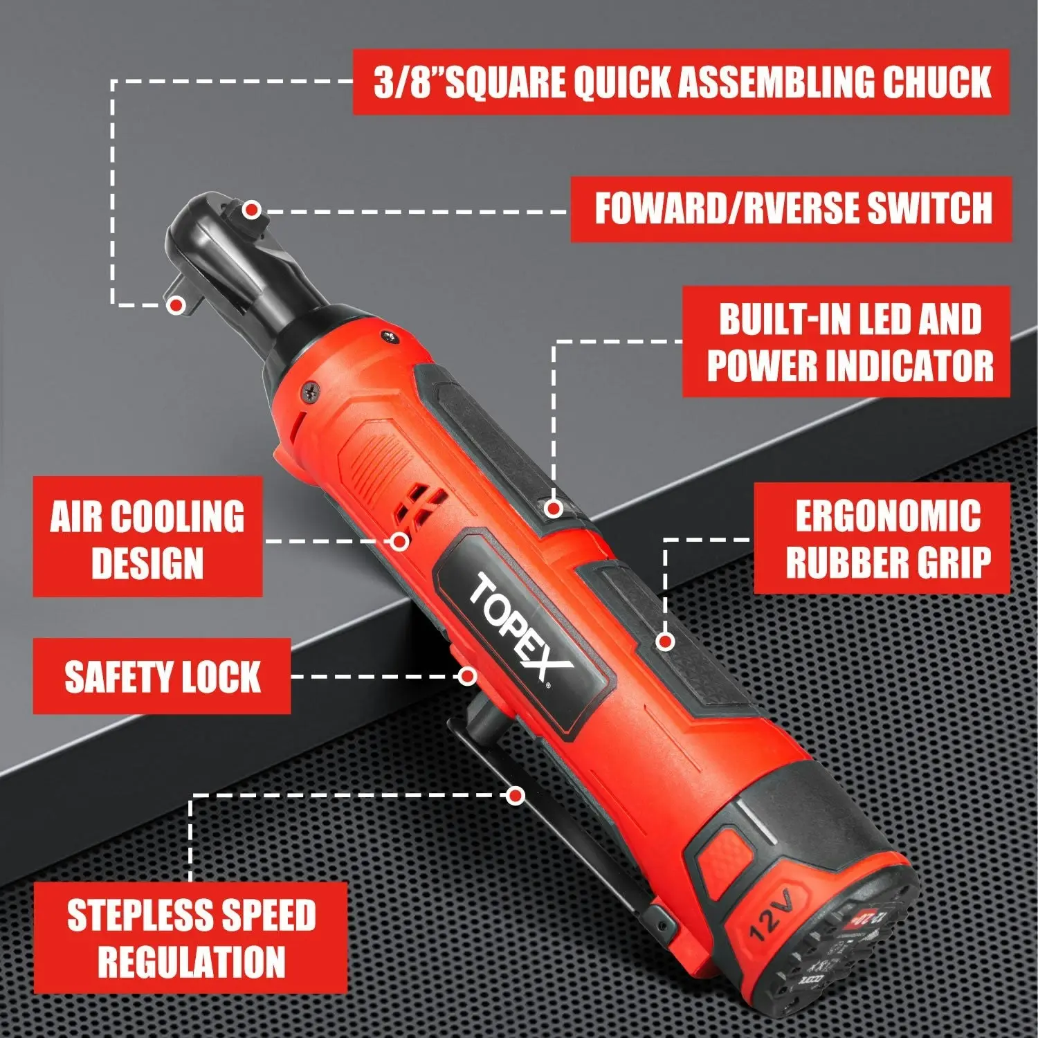 Topex 3/8" 12V Cordless Electric Ratchet Wrench 45NM/33.2ft-lbs 300RPM Variable Speed & LED Light