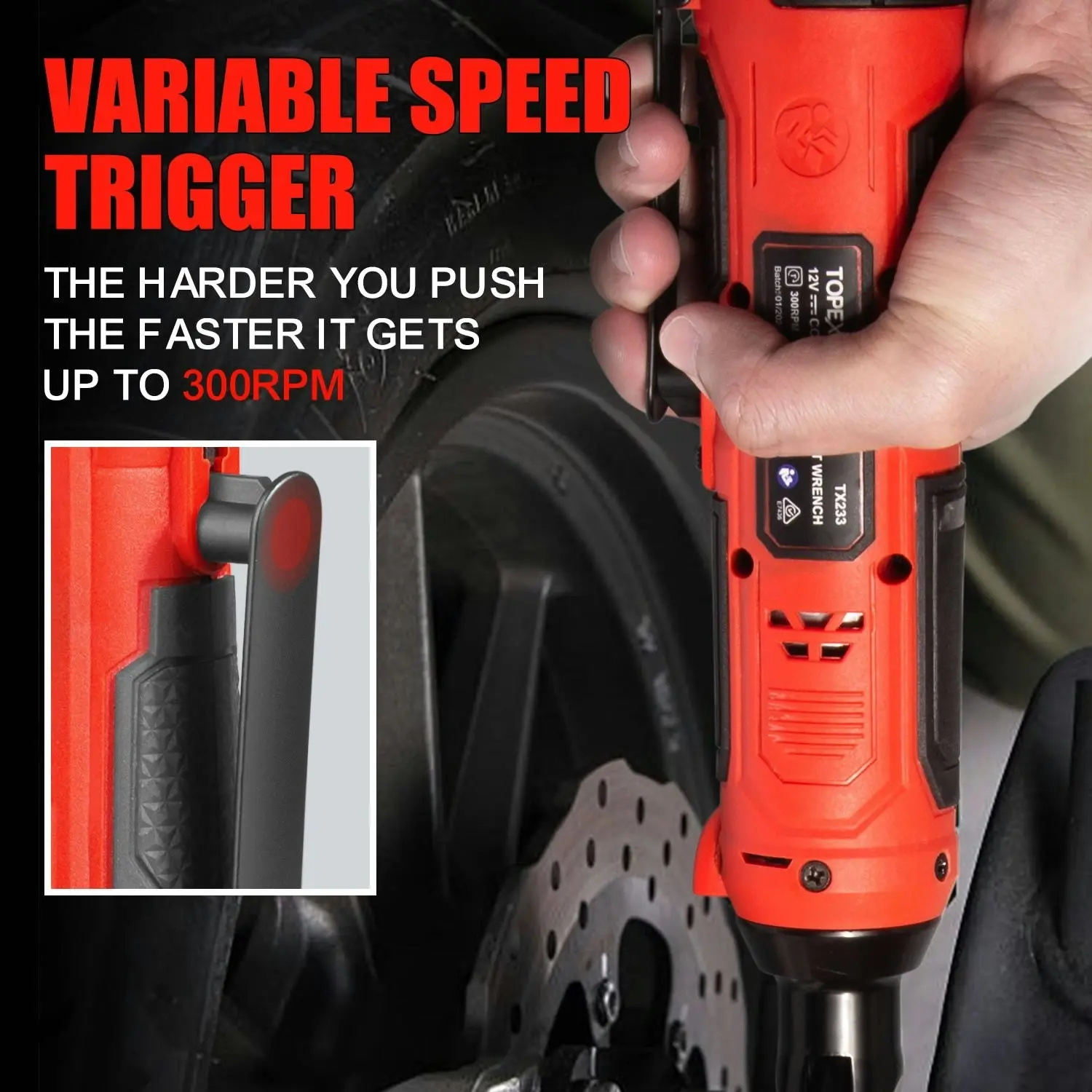 Topex 3/8" 12V Cordless Electric Ratchet Wrench 45NM/33.2ft-lbs 300RPM Variable Speed & LED Light