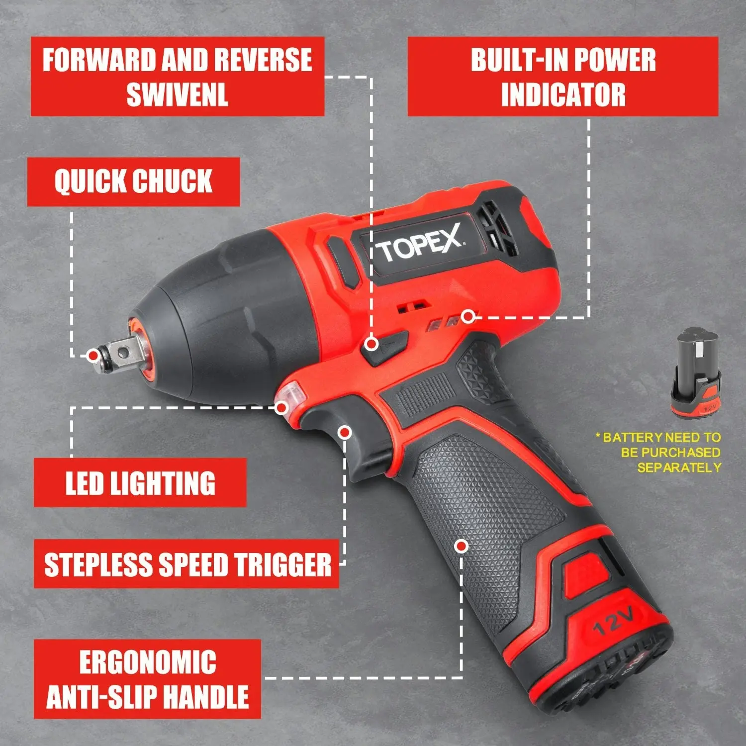 Topex 12V Cordless Impact Wrench with 3/8-Inch Chuck, Torque Max 120 N.m, 6 Sockets Skin Only without Battery