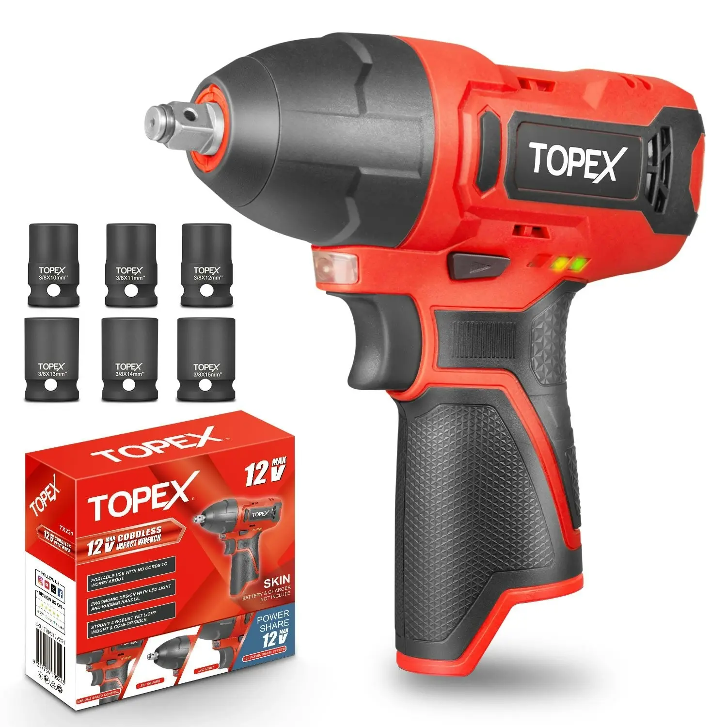 Topex 12V Cordless Impact Wrench with 3/8-Inch Chuck, Torque Max 120 N.m, 6 Sockets Skin Only without Battery