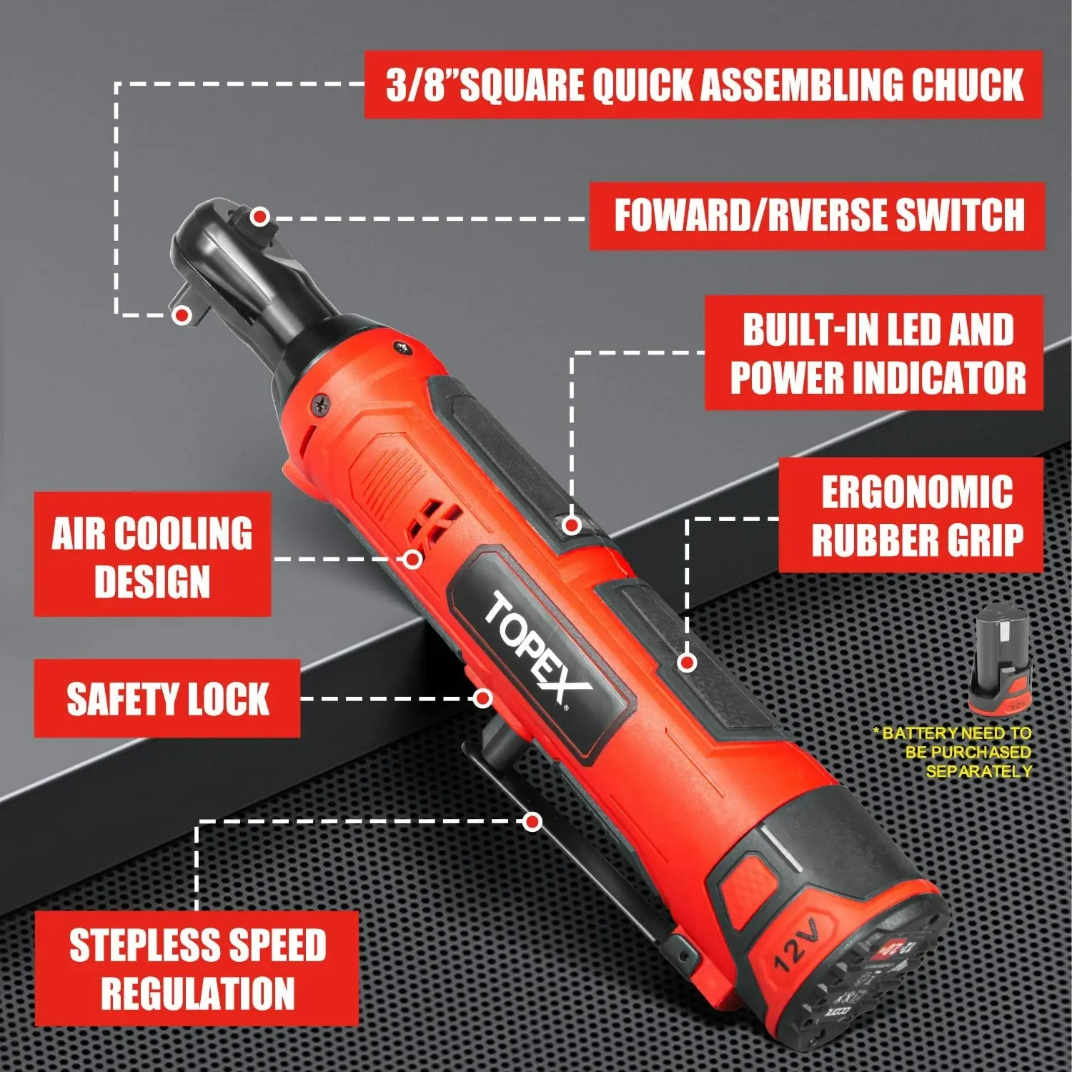 Topex 3/8" 12V Cordless Electric Ratchet Wrench 45NM 300RPM Variable Speed & LED Light Skin Only without Battery