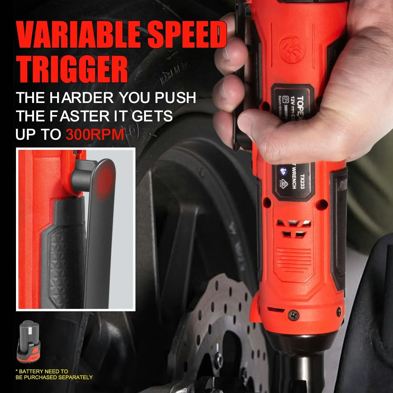 Topex 3/8" 12V Cordless Electric Ratchet Wrench 45NM 300RPM Variable Speed & LED Light Skin Only without Battery