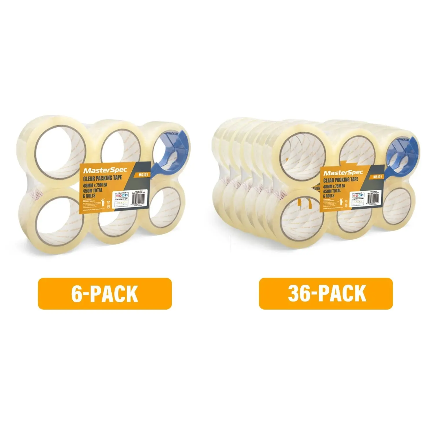 MasterSpec Clear Packing Tape - 36 Rolls w/ Cutters, 450m Total Length, 48mm x 75m