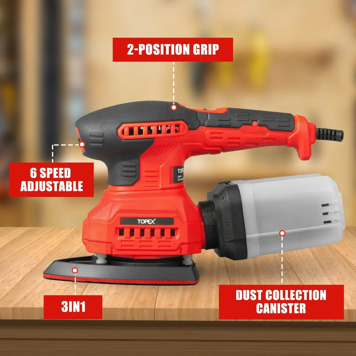 Topex 3in1 200W Electric Finishing Sander Sanding Tool 6 Speeds 3 Sanding Base Plate Size