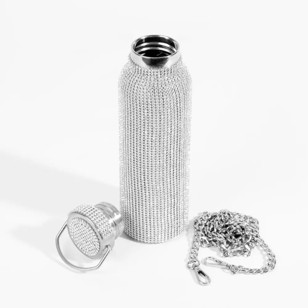 Swig Silver Glitz Water Bottle With Chain 600mL