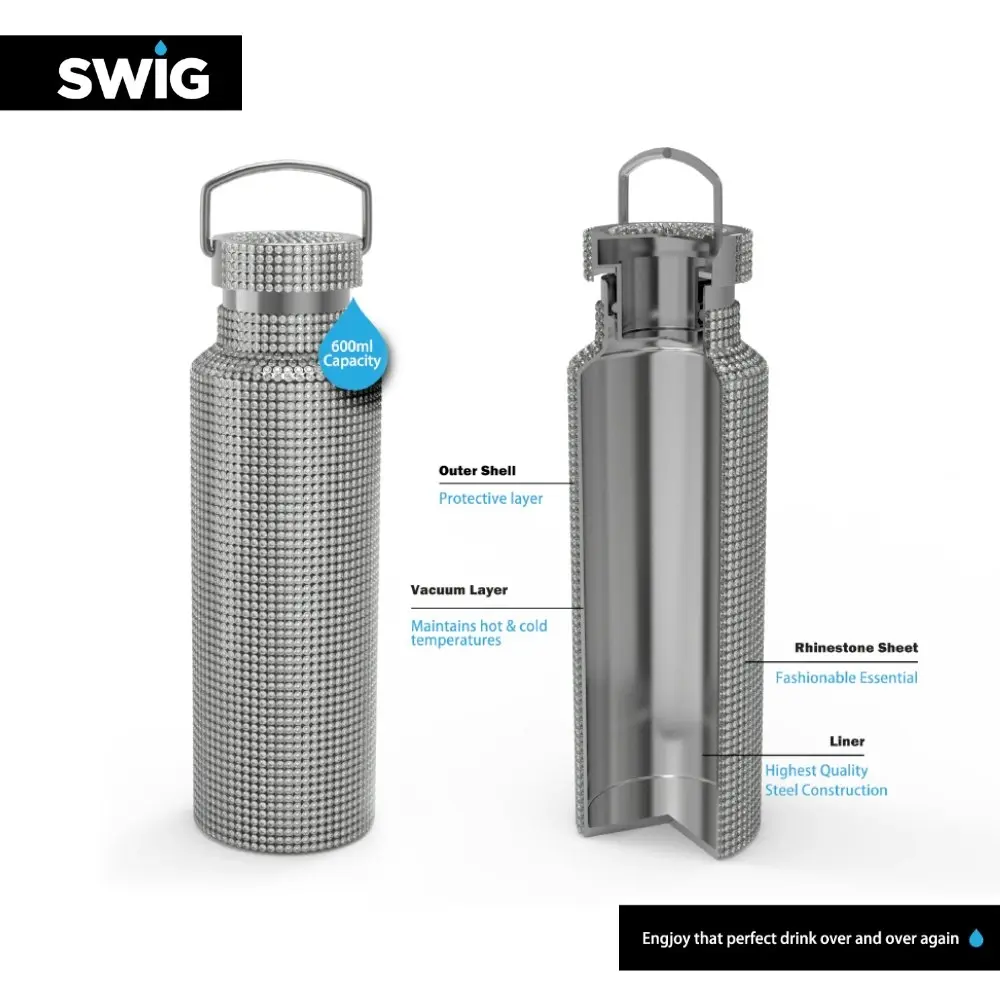 Swig Silver Glitz Water Bottle With Chain 600mL