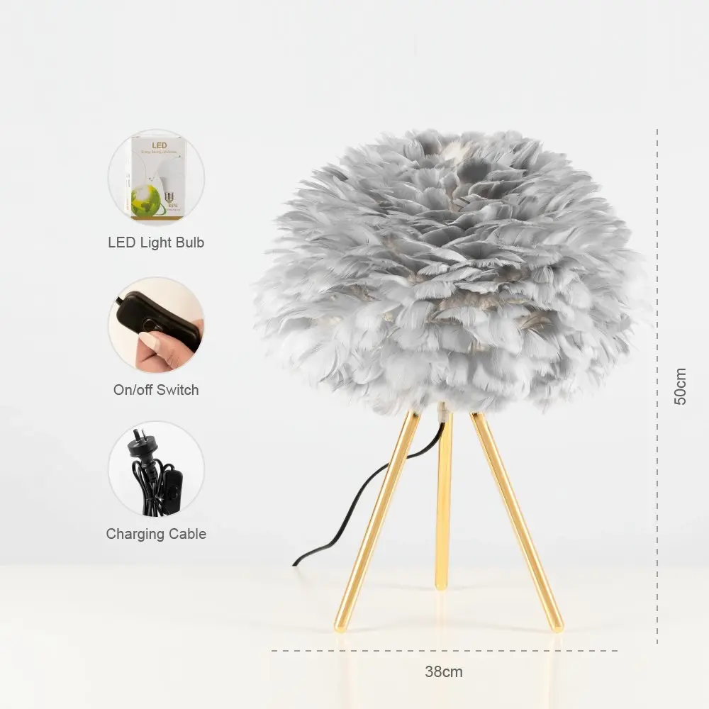 Grey Feather Tripod Table Lamp