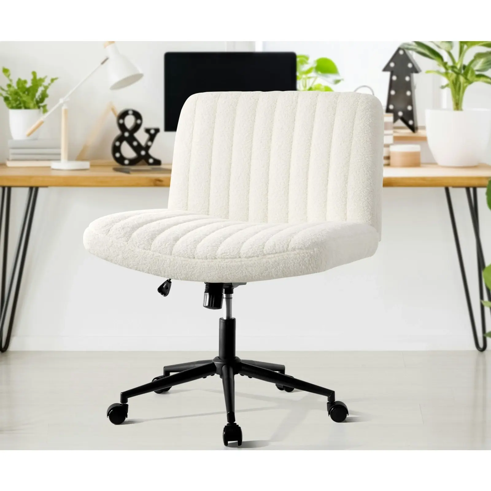 Oikiture Mid Back Armless Office Desk Chair Wide Seat with Wheels Sherpa White