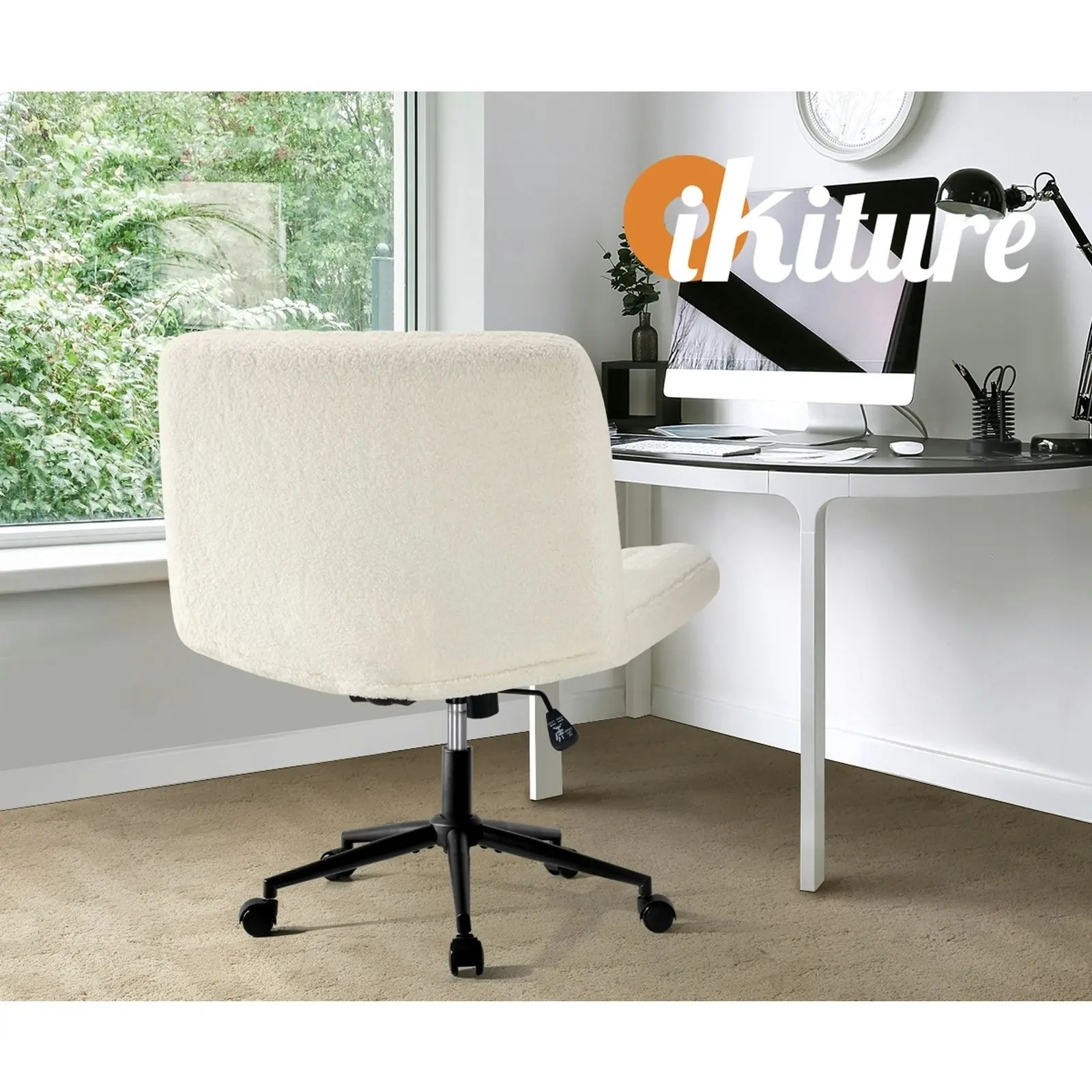 Oikiture Mid Back Armless Office Desk Chair Wide Seat with Wheels Sherpa White